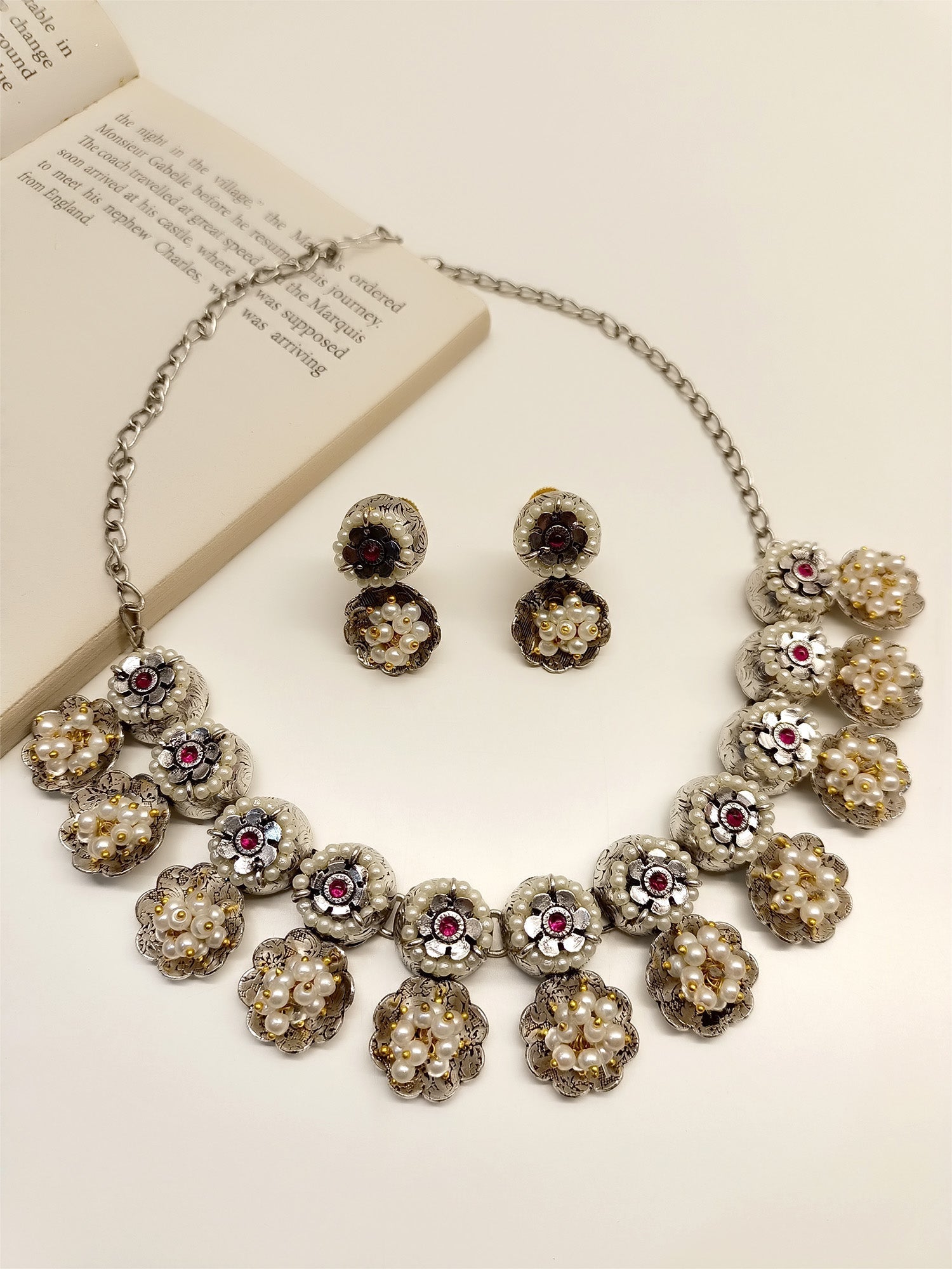 Lara Maroon Oxidized Necklace Set - qivii