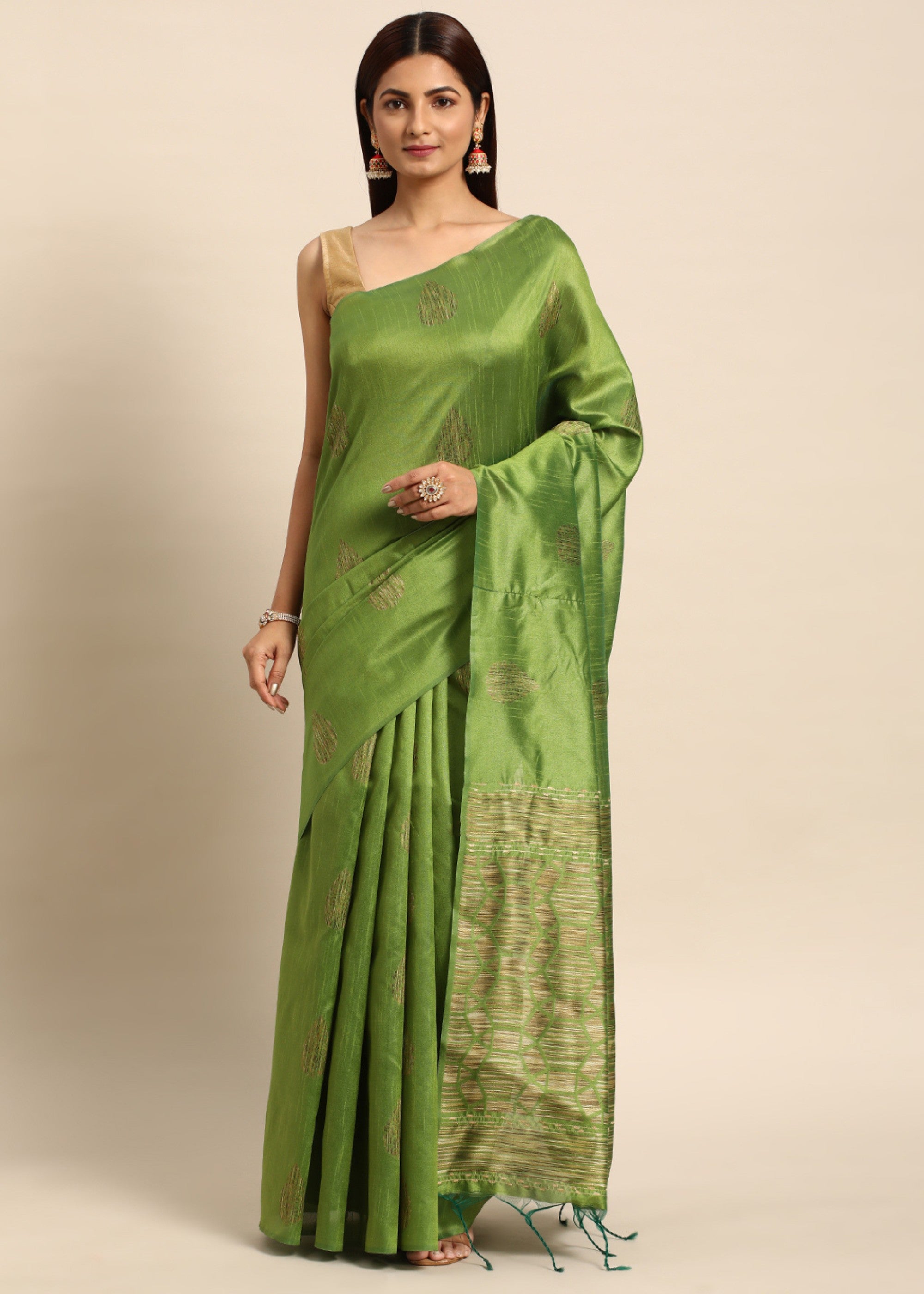 Waitrose Green Woven Handloom Raw Silk Saree - qivii