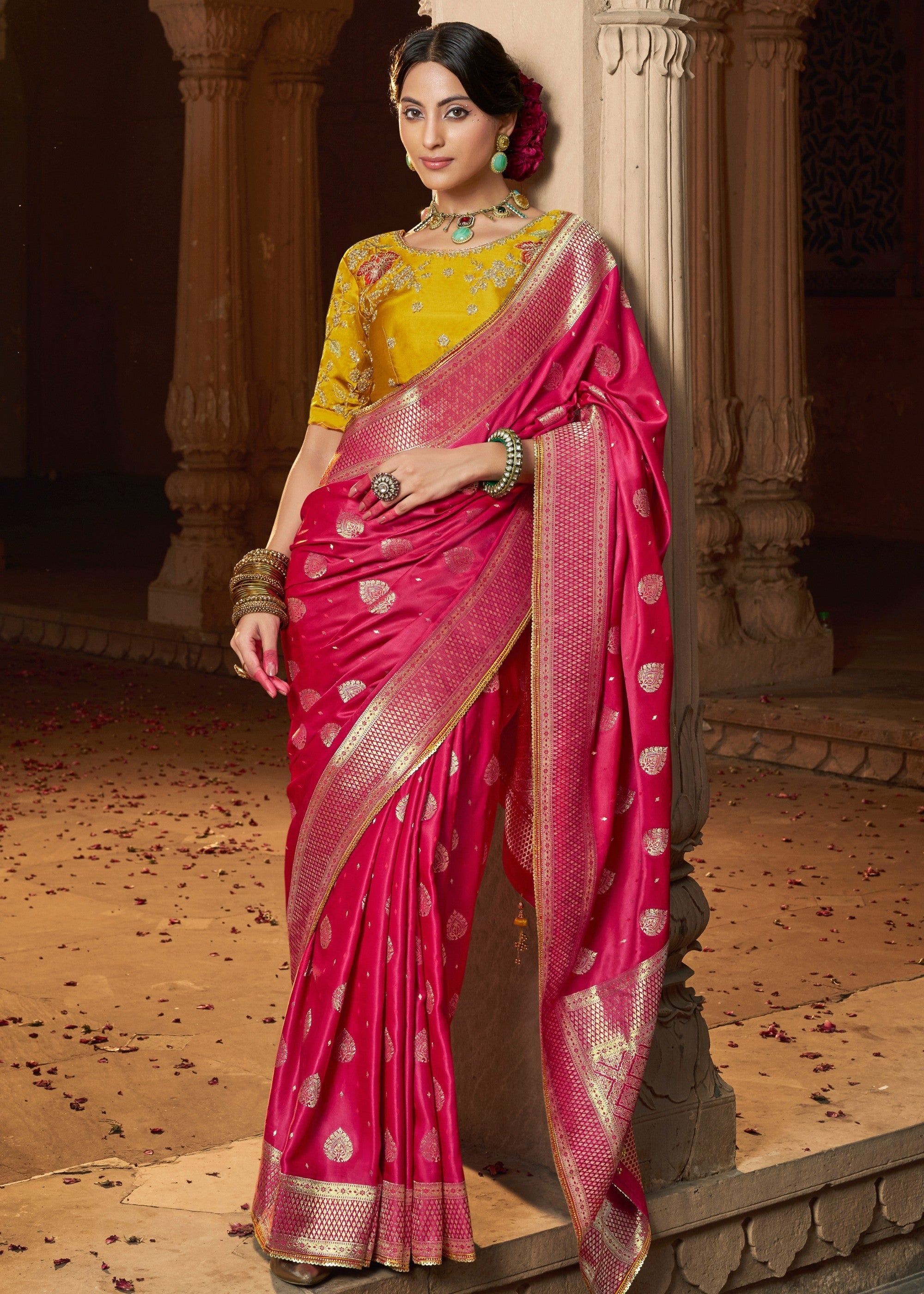 Rani Pink Satin Silk Saree With Beautiful Lace Border And Heavy Designer Embroidered Blouse - qivii