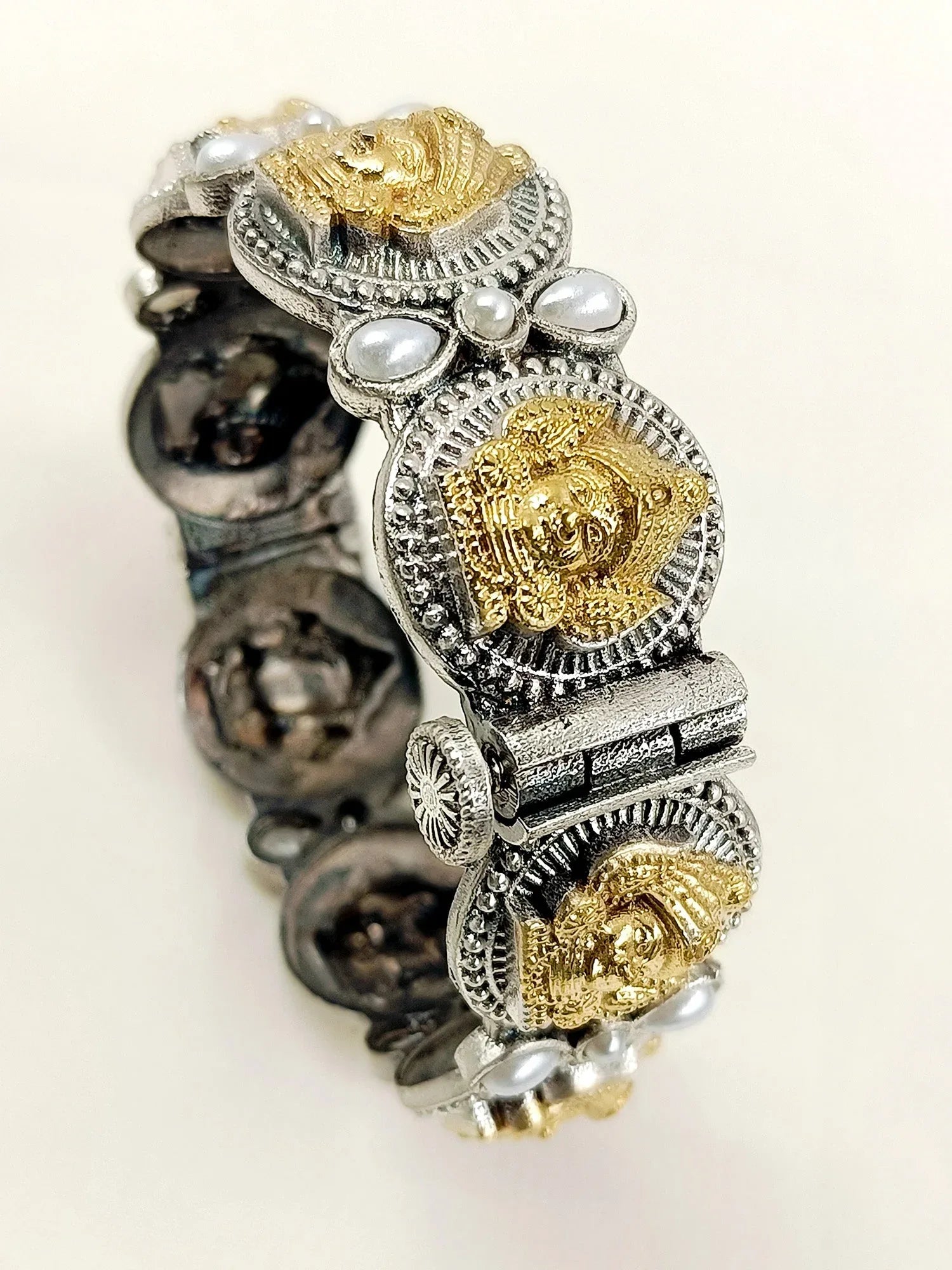 Radhya White Pearl Oxidized kada