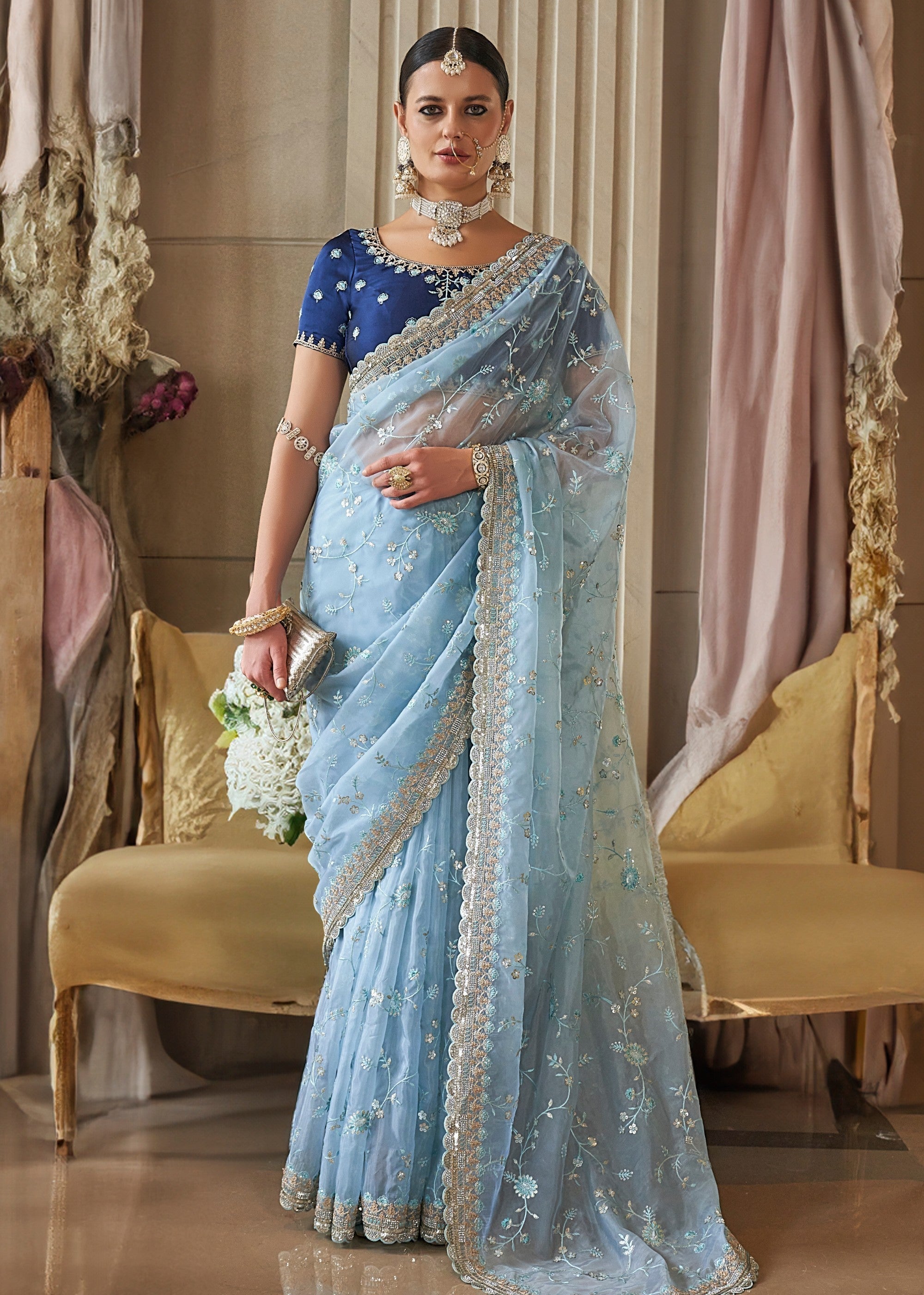Sky Blue Fancy Tissue Saree With Unique Work And Designer Blouse - qivii
