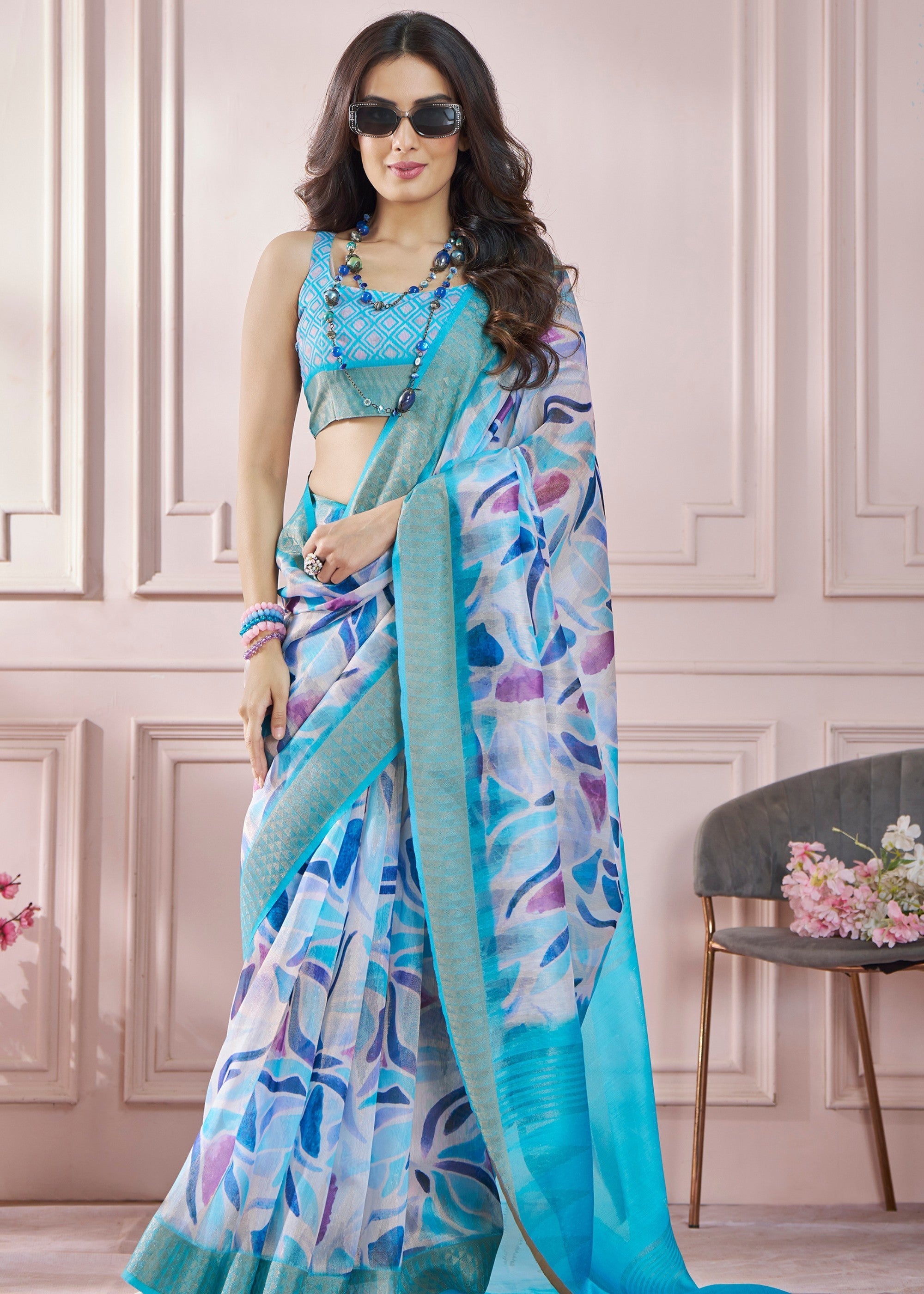 Light Blue Soft Zari Based Modal Silk Saree With Beautiful Colorfull Print - qivii