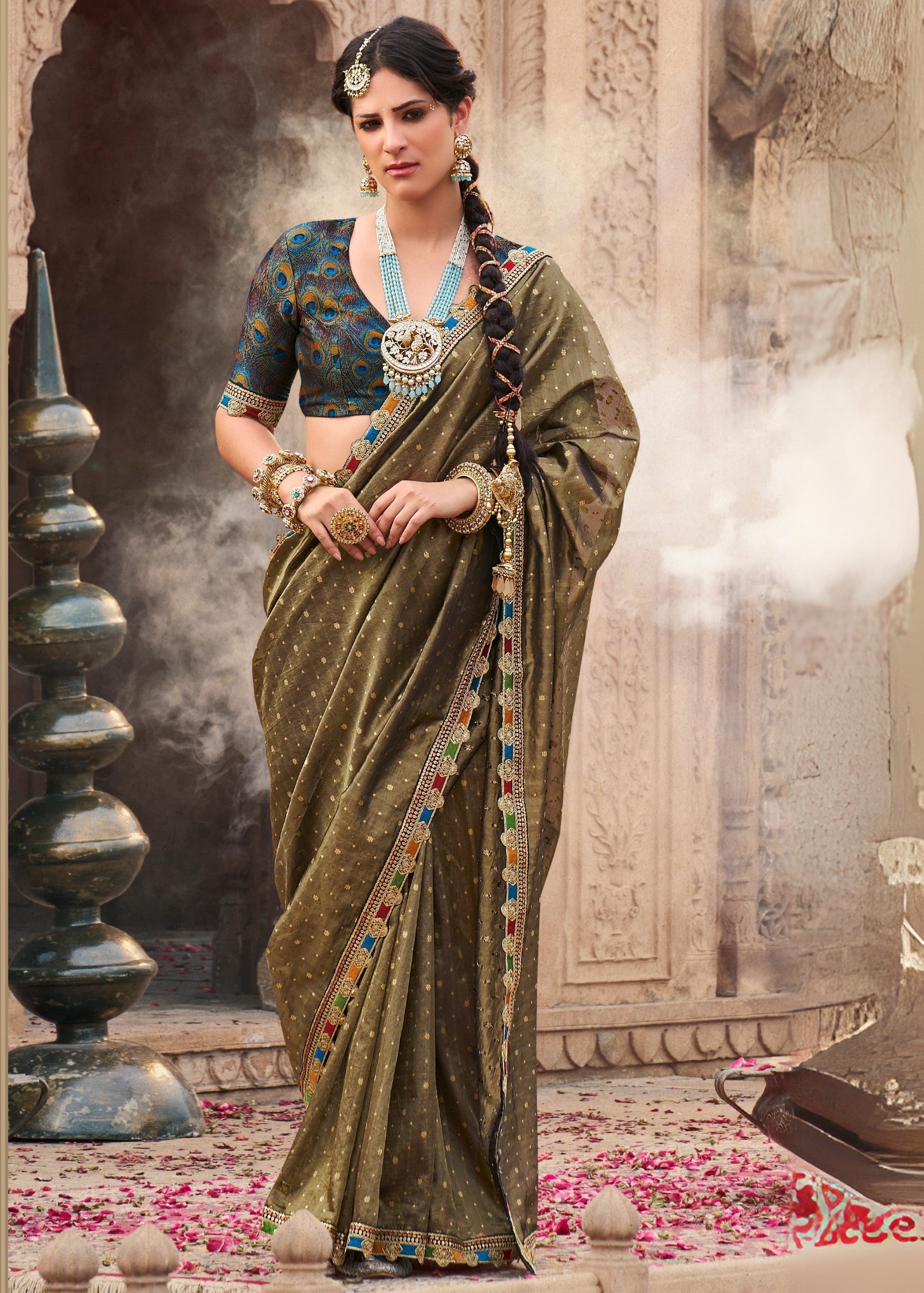 Army Green Tissue Silk Saree With Multicolored Lace & Designer Blouse - qivii