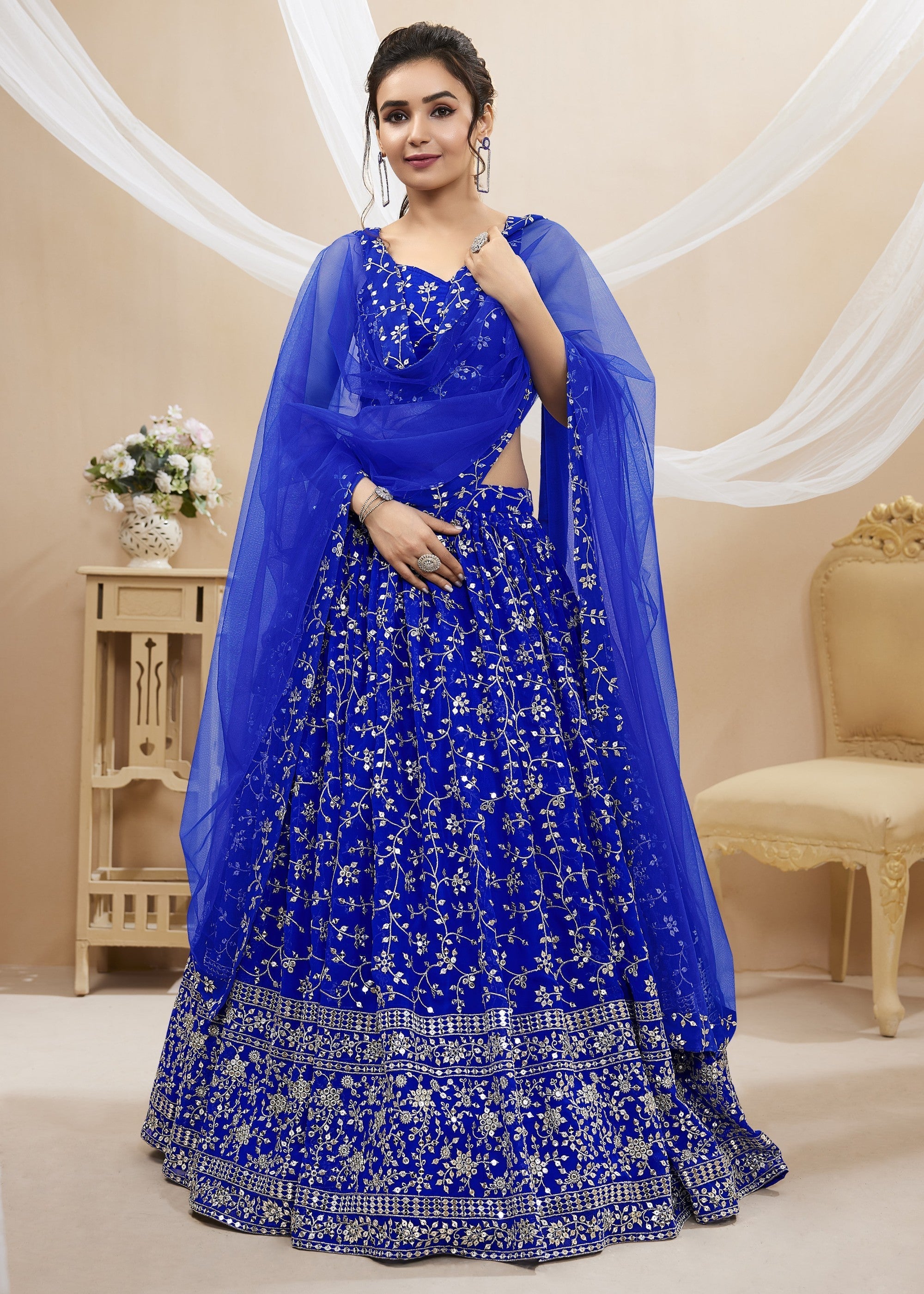 Cobalt Blue Georgette Lehenga Choli With Sequins Zari Embroidered Work | Ready To Wear - qivii