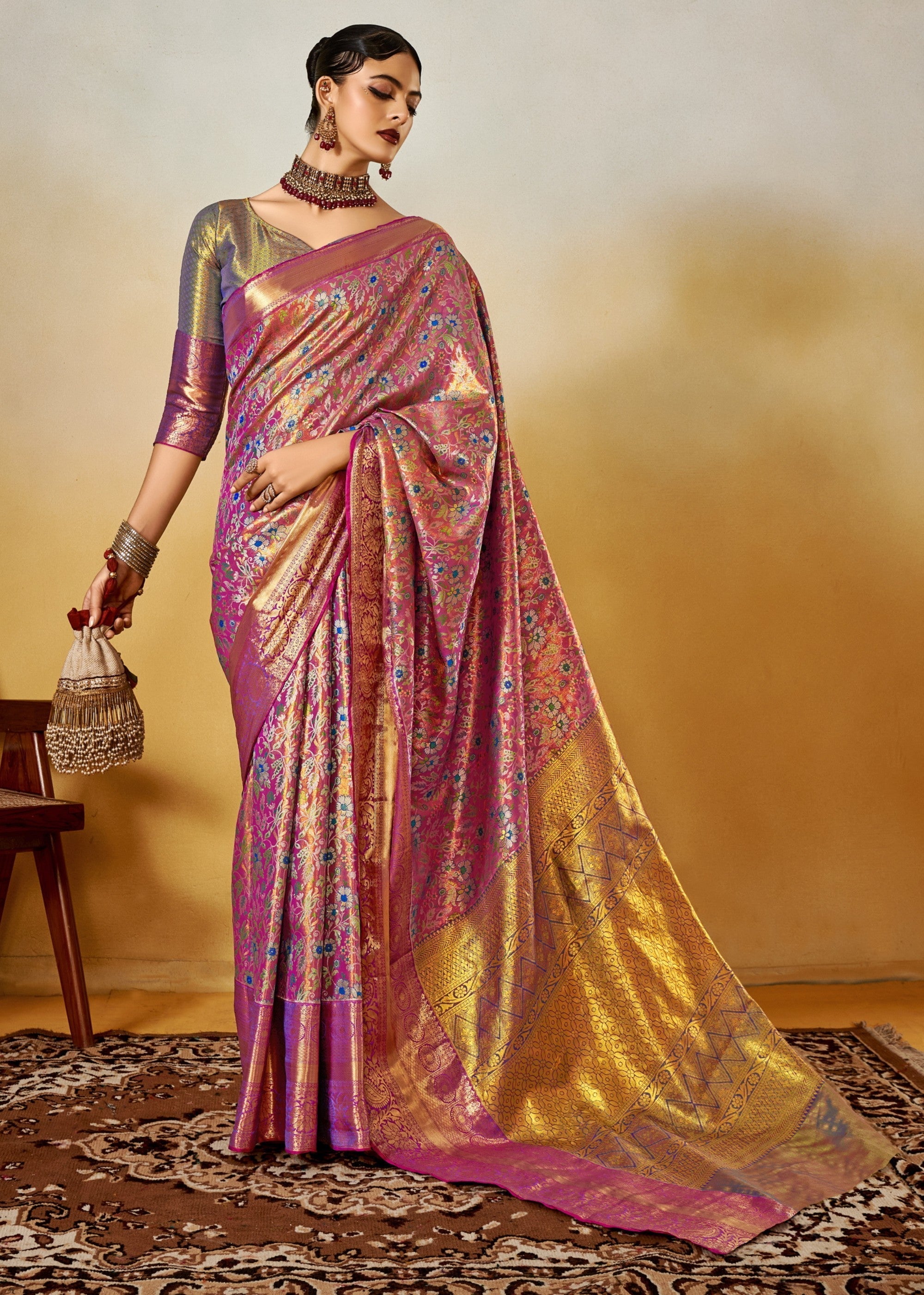 Purple and Green Handloom Dharamavaram Silk Saree - qivii