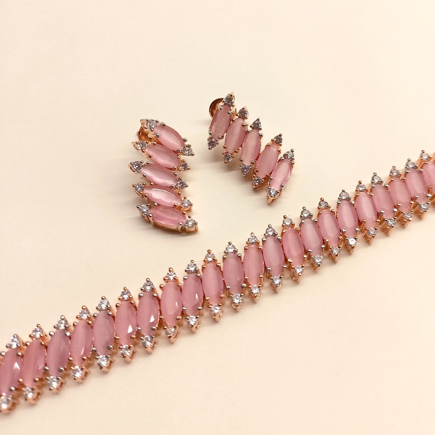 Samaira Pink American Diamond Rose Gold Plated Necklace Set - qivii