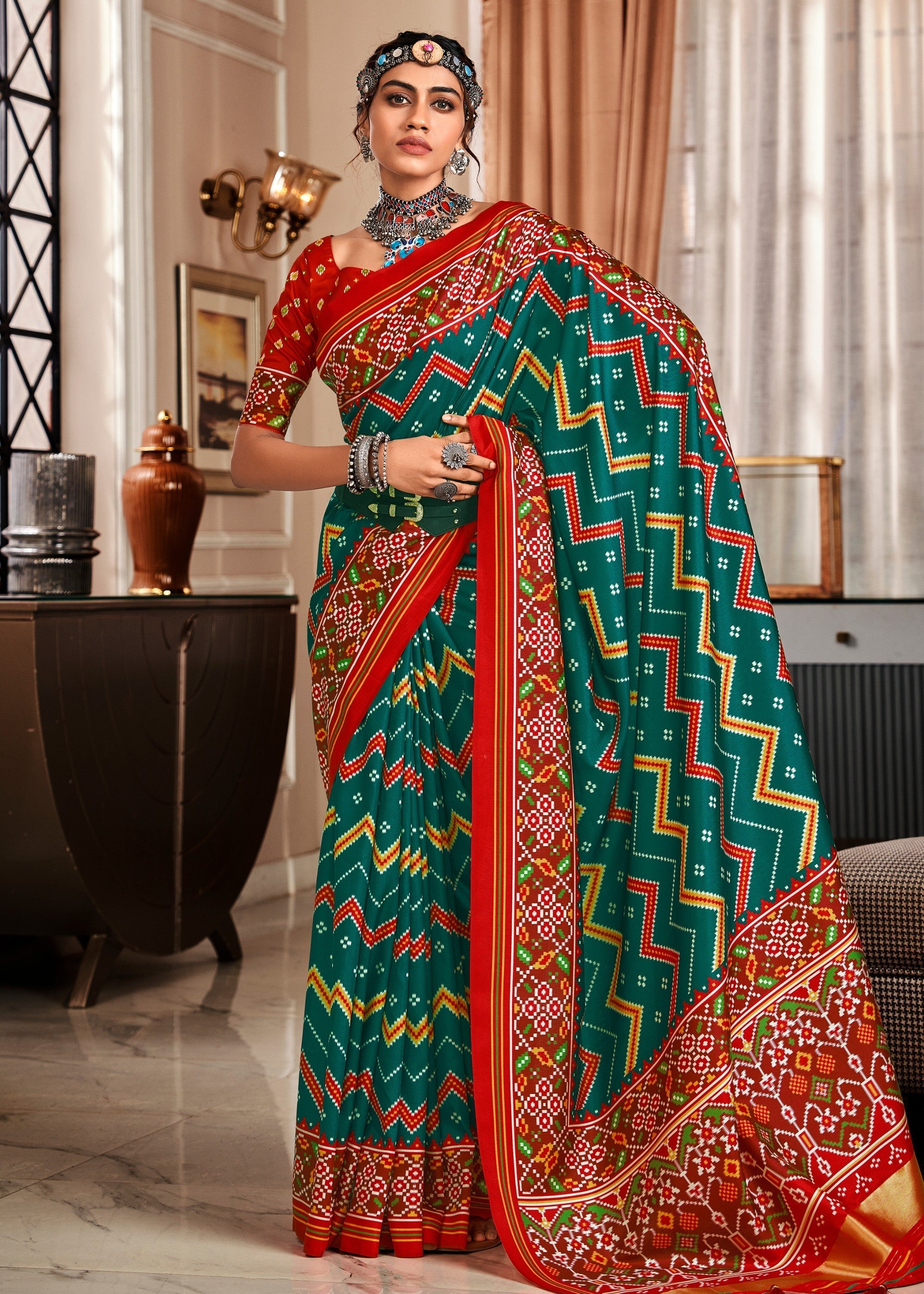 Dark Cyan Green Tussar Silk Saree With Beautiful Patola Print - qivii