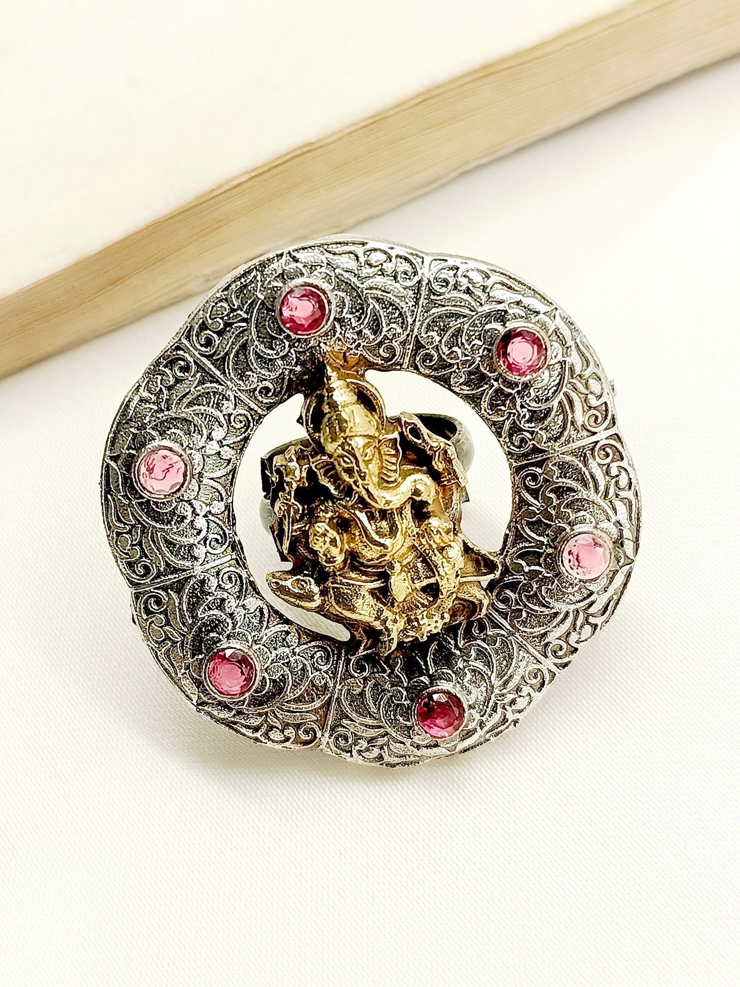 Aradhya Ruby Ganesh Ji Oxidized Finger Ring - qivii