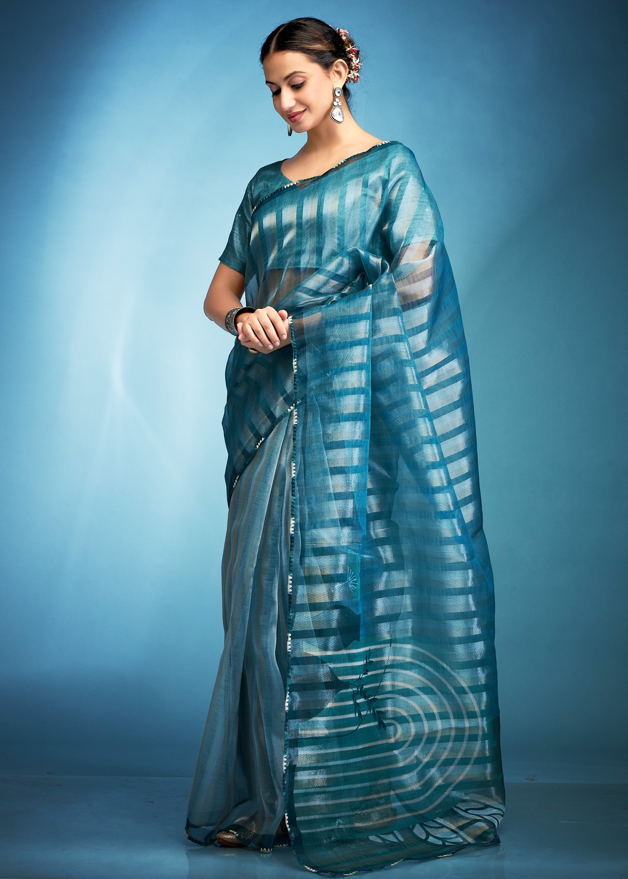 Turquoise Blue Tissue Silk Saree With Floral Print - qivii