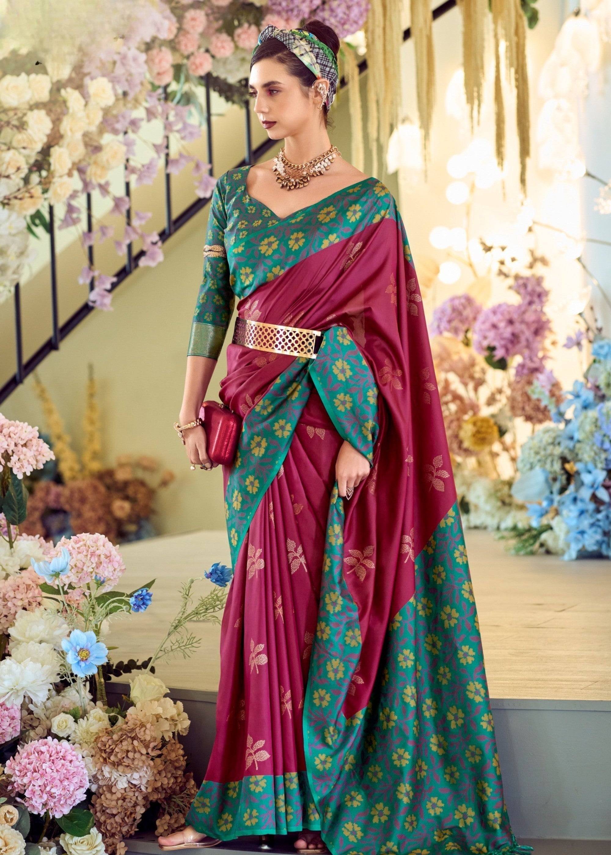Raspberry Red Soft Silk Saree With Ikkat Border - qivii