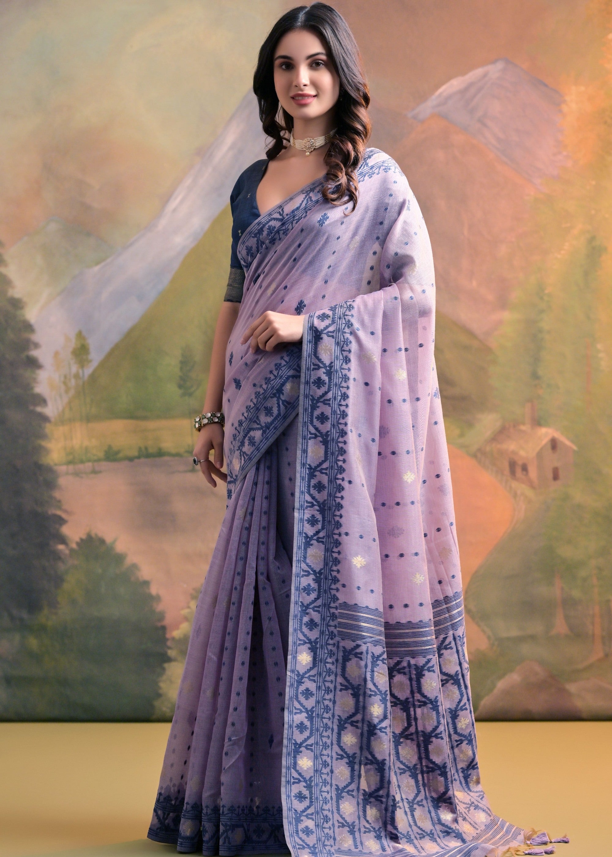 Pastel Purple Thread Woven Cotton Saree With All Over Butti - qivii