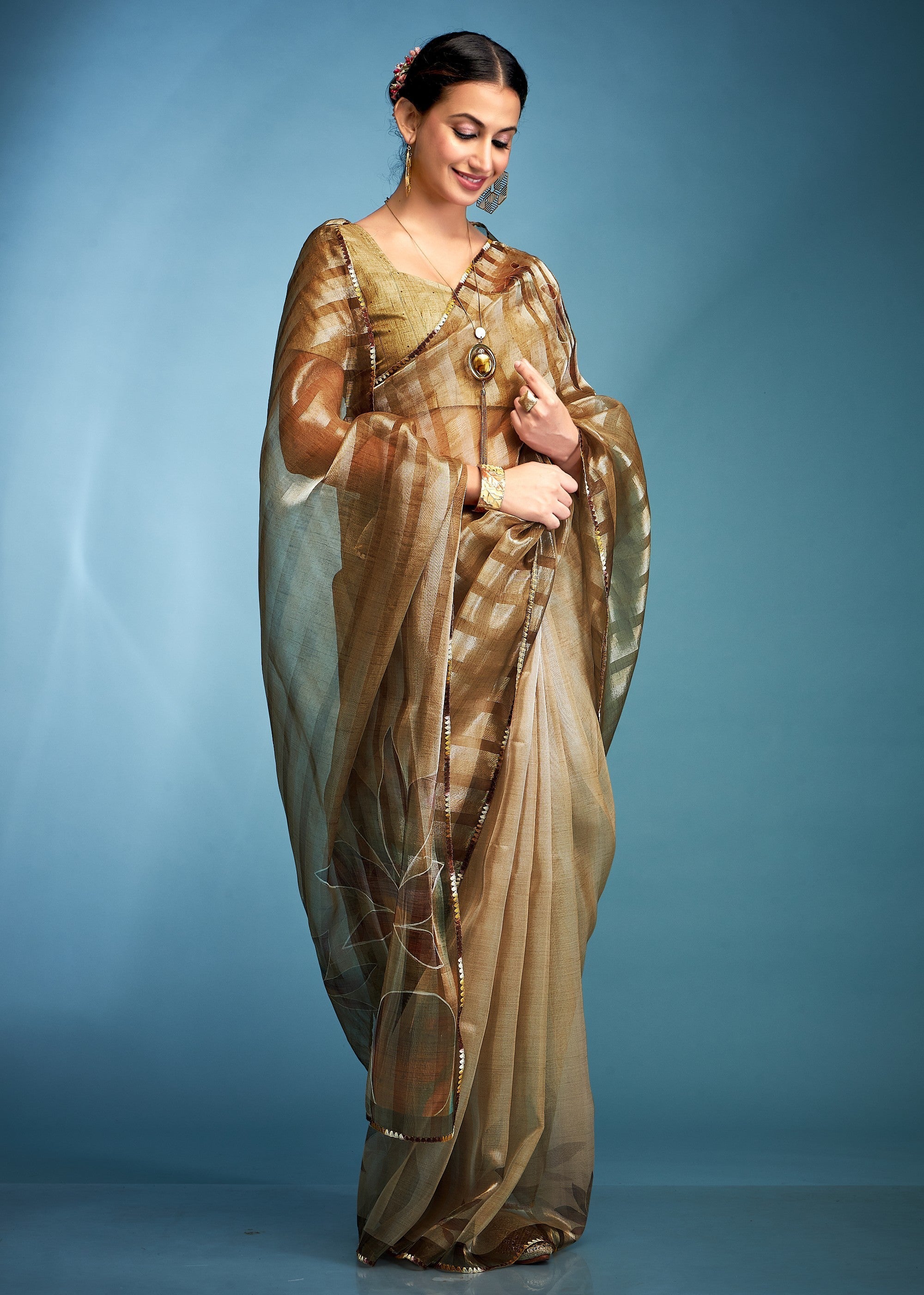 Olive Green Tissue Silk Saree With Floral Print - qivii