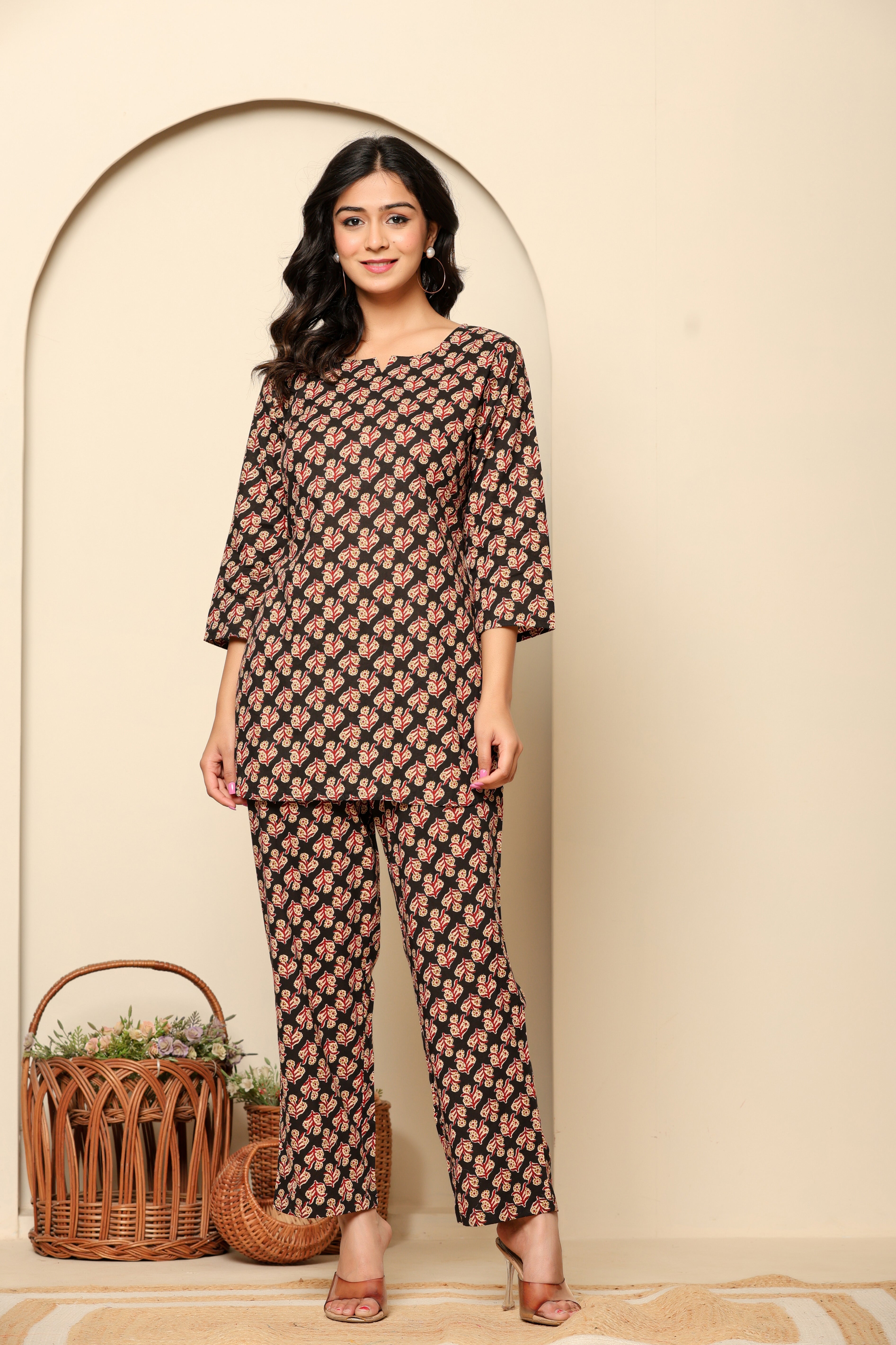 Black Printed Cotton Coord Set - qivii