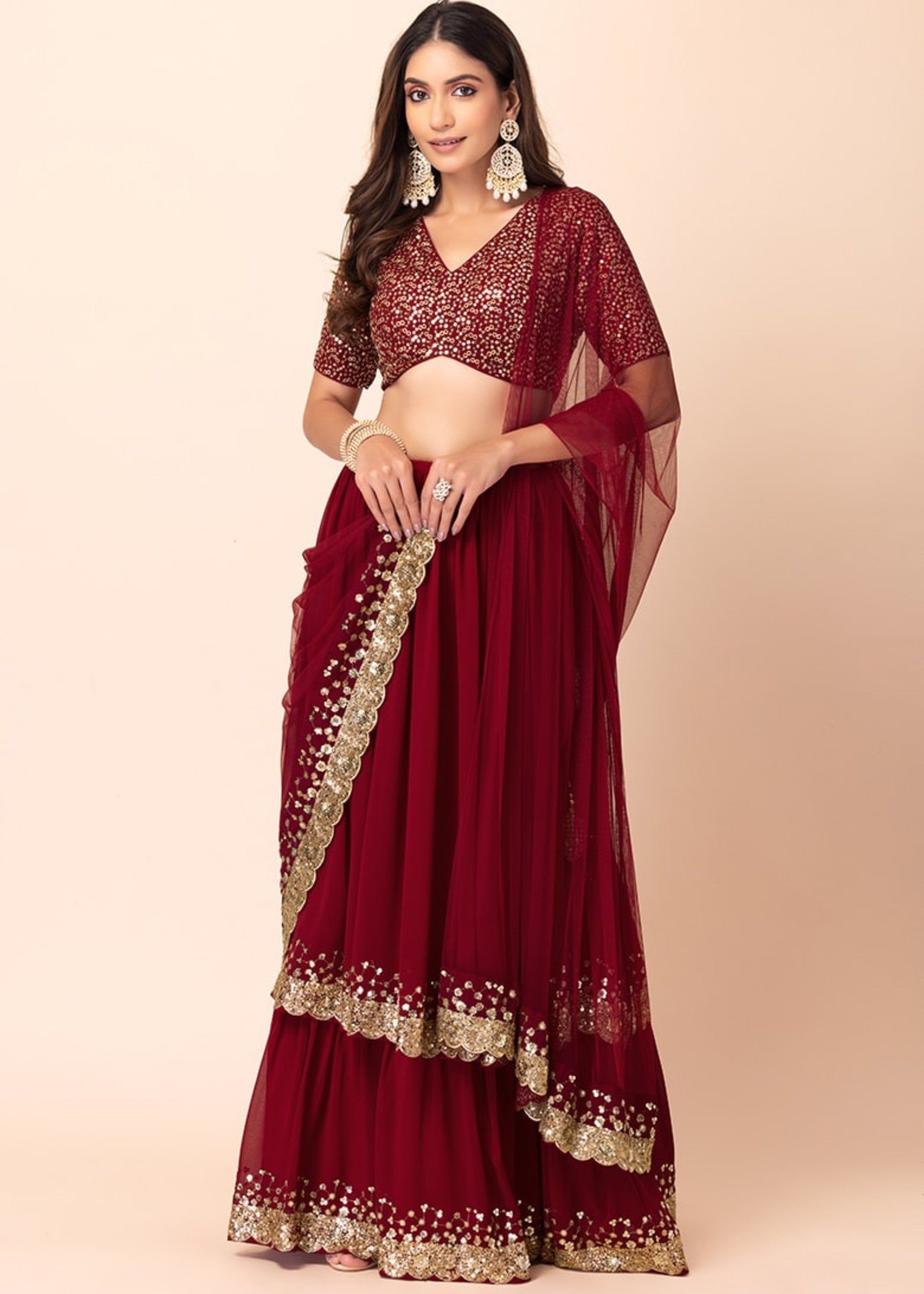 Garnet Red Georgette Lehenga Choli With Sequins And Thread Embroidery Work | Ready To Wear - qivii