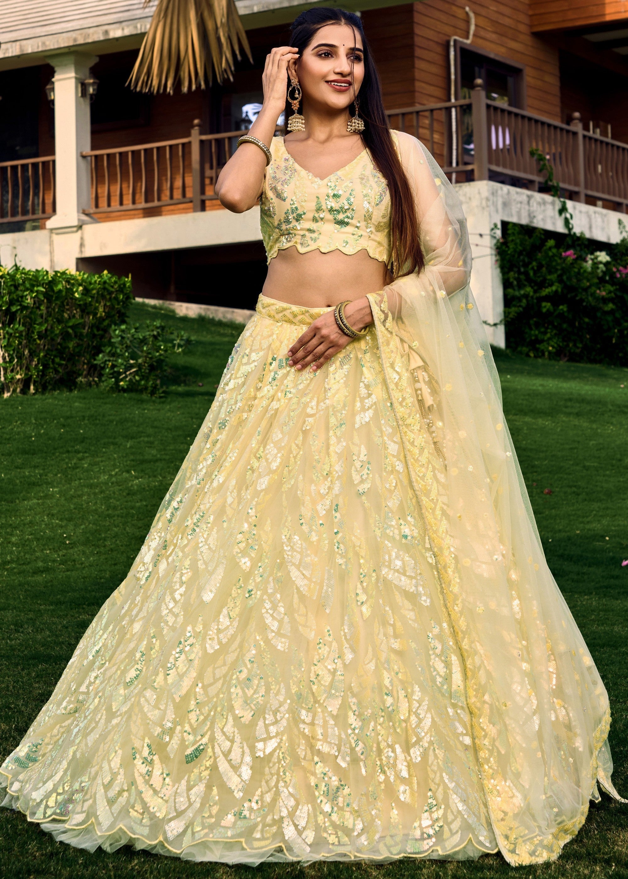 Pale Yellow Net Lehenga Choli With Multiple Sequins And Thread Embroidery Work | Ready To Wear - qivii