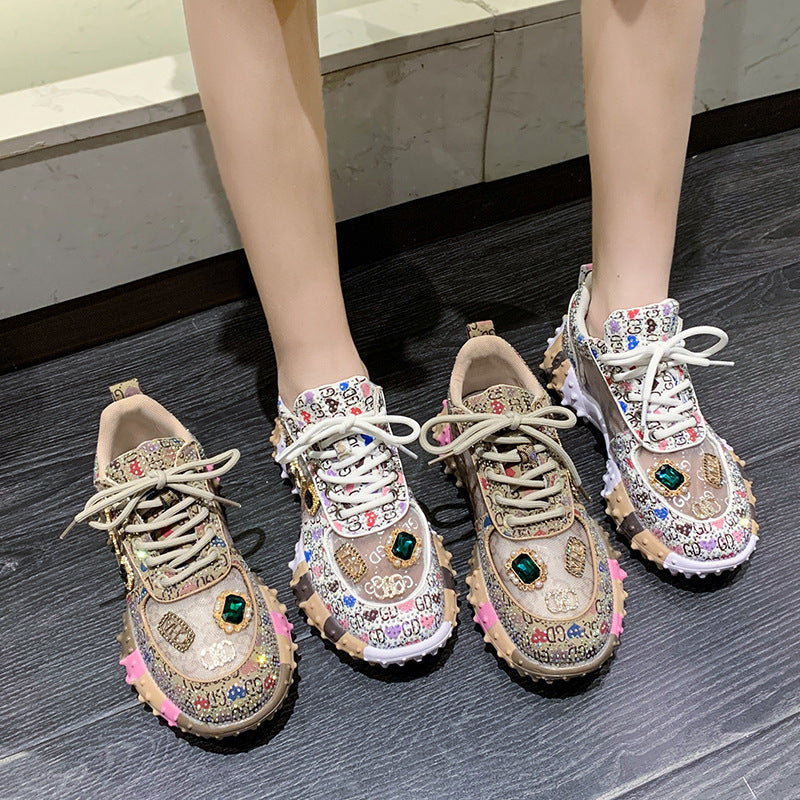 Women’s Lumira Embroidered Letter Mesh Platform Sneakers – Rhinestone Detail Chunky Sole Light Luxury Fashion Sneakers (US 4–10.5)