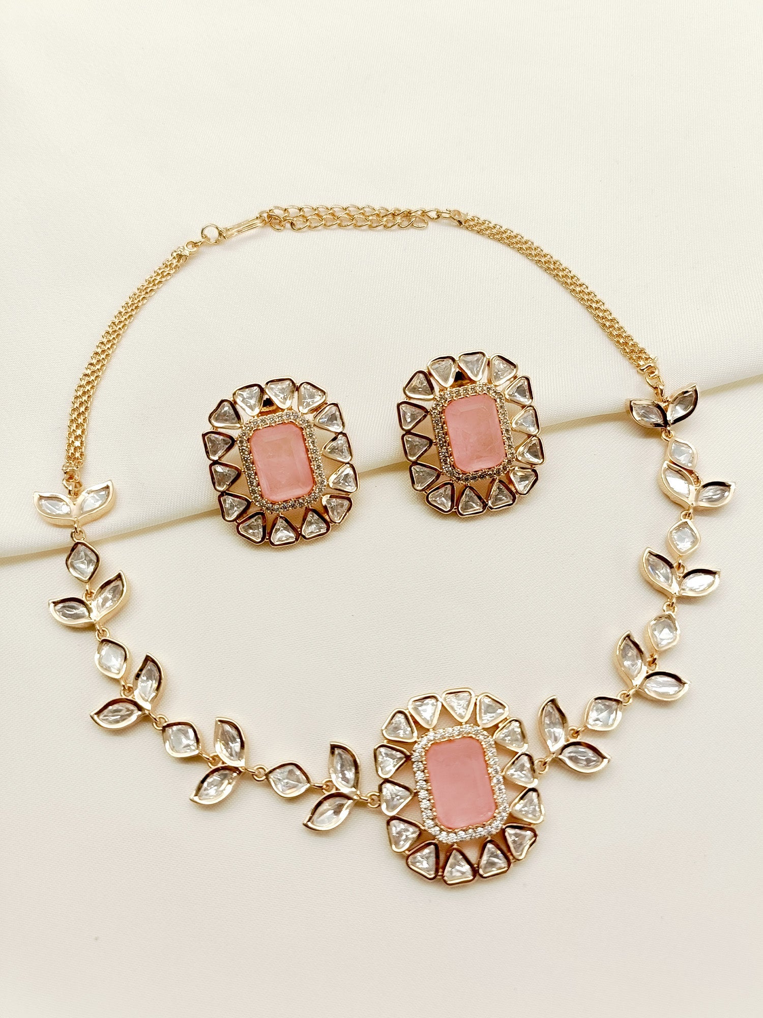 Close up of Lekha Baby Pink Kundan Choker Set with intricate gold plated brass metal details and traditional Kundan craftsmanship