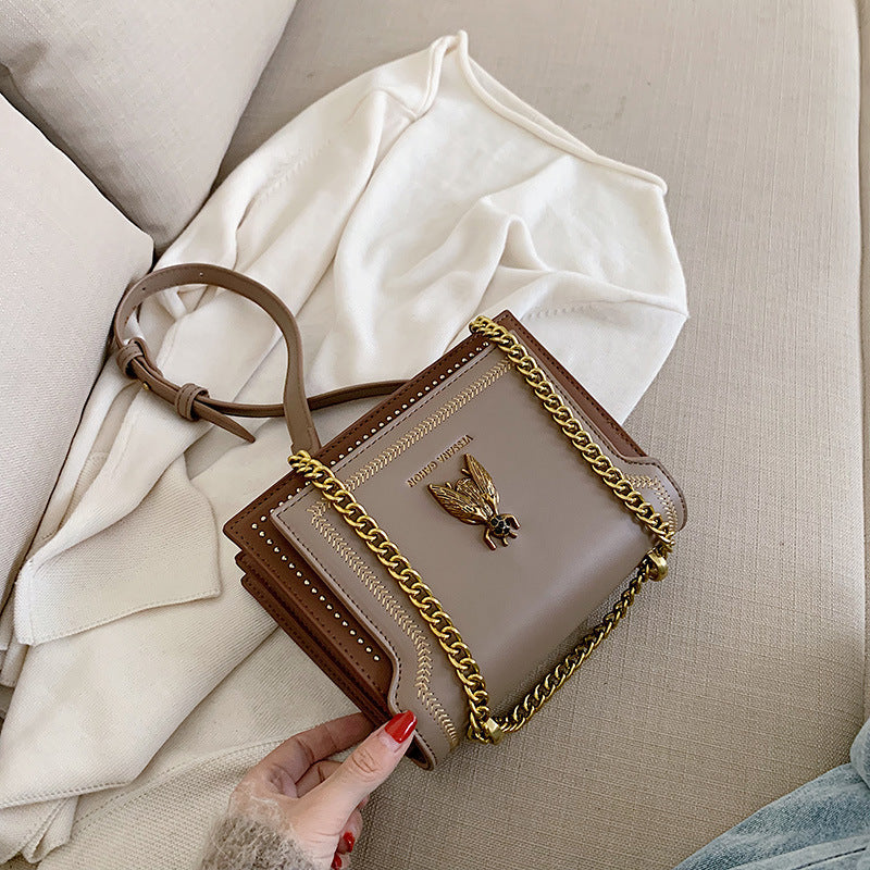 Women's Artisan-Crafted Distressed Crossbody Bag Small Box Purse with Stitched Rivets & Antique Gold Chain | Y2K Grunge Revival