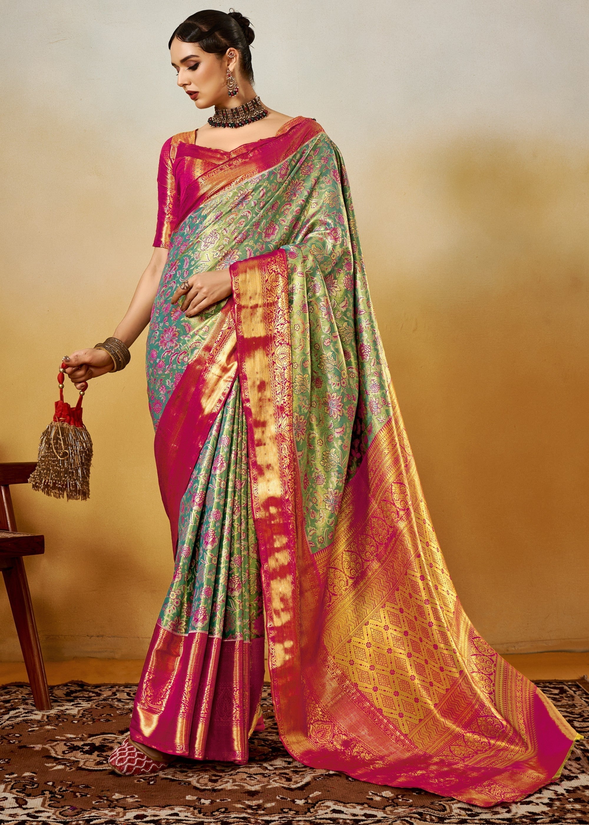 Pink and Green Handloom Dharamavaram Silk Saree - qivii