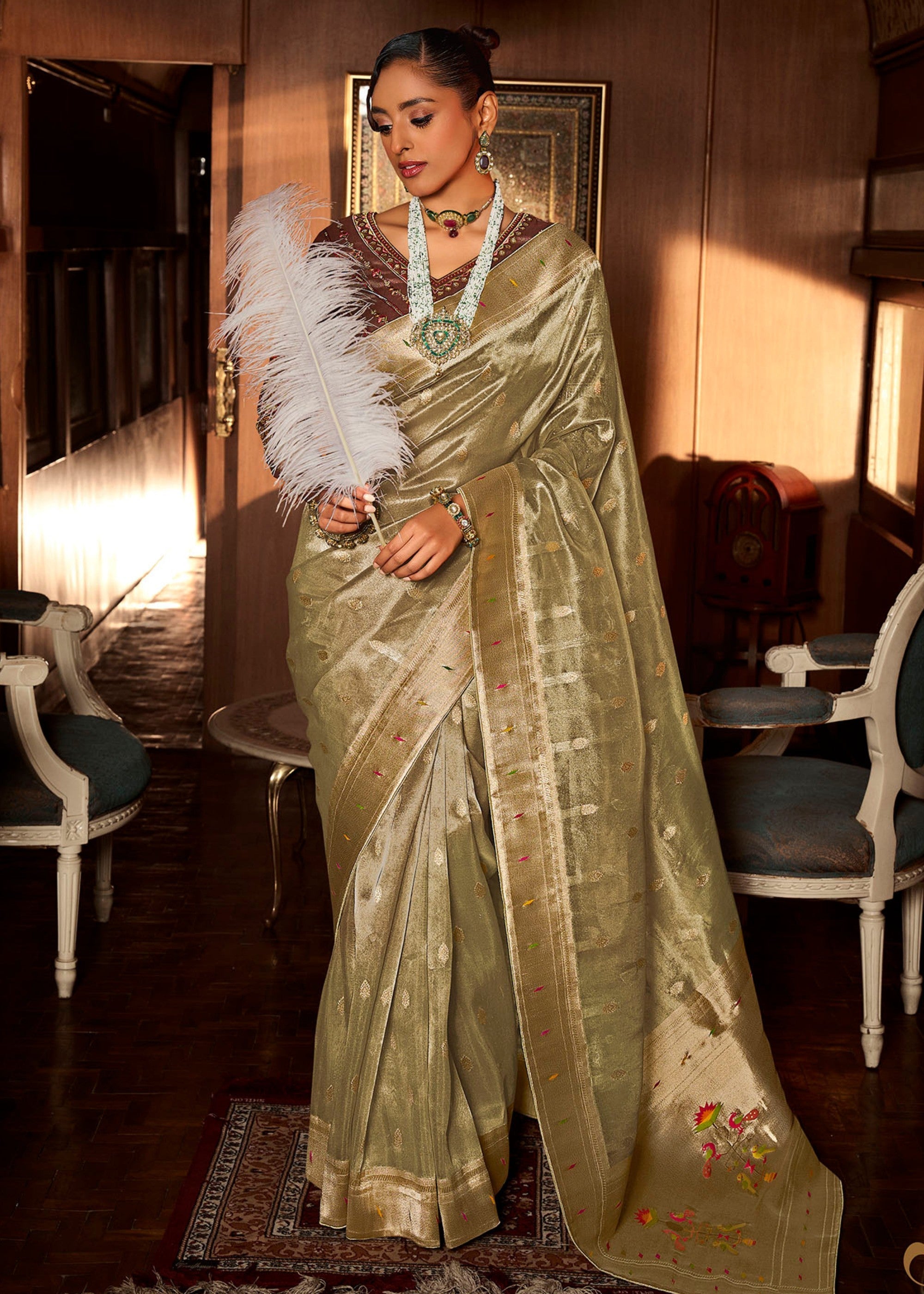 Basil Green Pure Tissue Paithani Silk Saree with Heavy Designer Embroidered Blouse - qivii