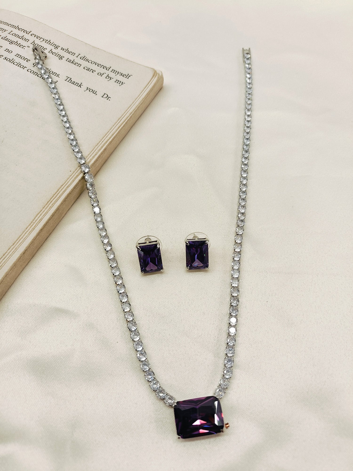 Anric Lavender American Diamond Necklace Set - qivii