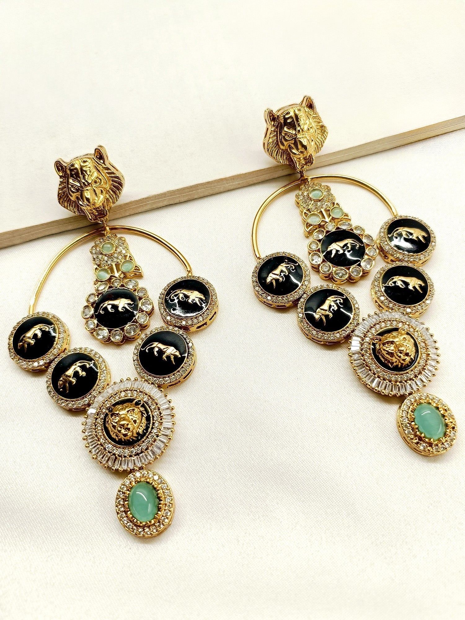 Yasmin Mint Green Long Boutique Earrings with Traditional Lion Motifs and Gold Plated Brass Metal