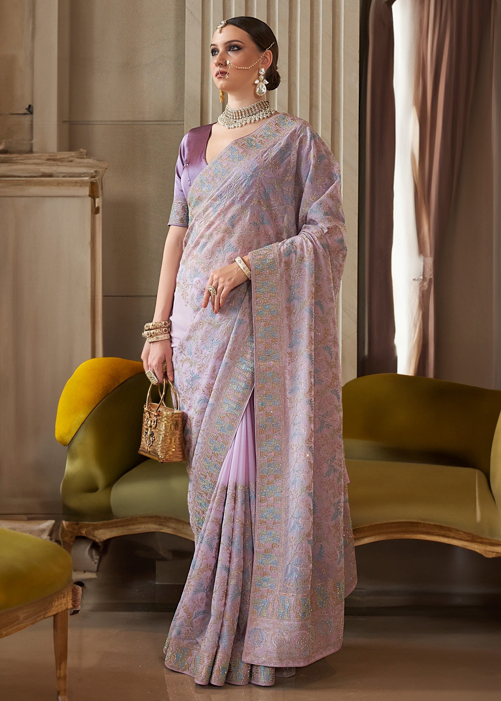 Lilac Purple Fancy Tissue Saree With Unique Work And Designer Blouse - qivii