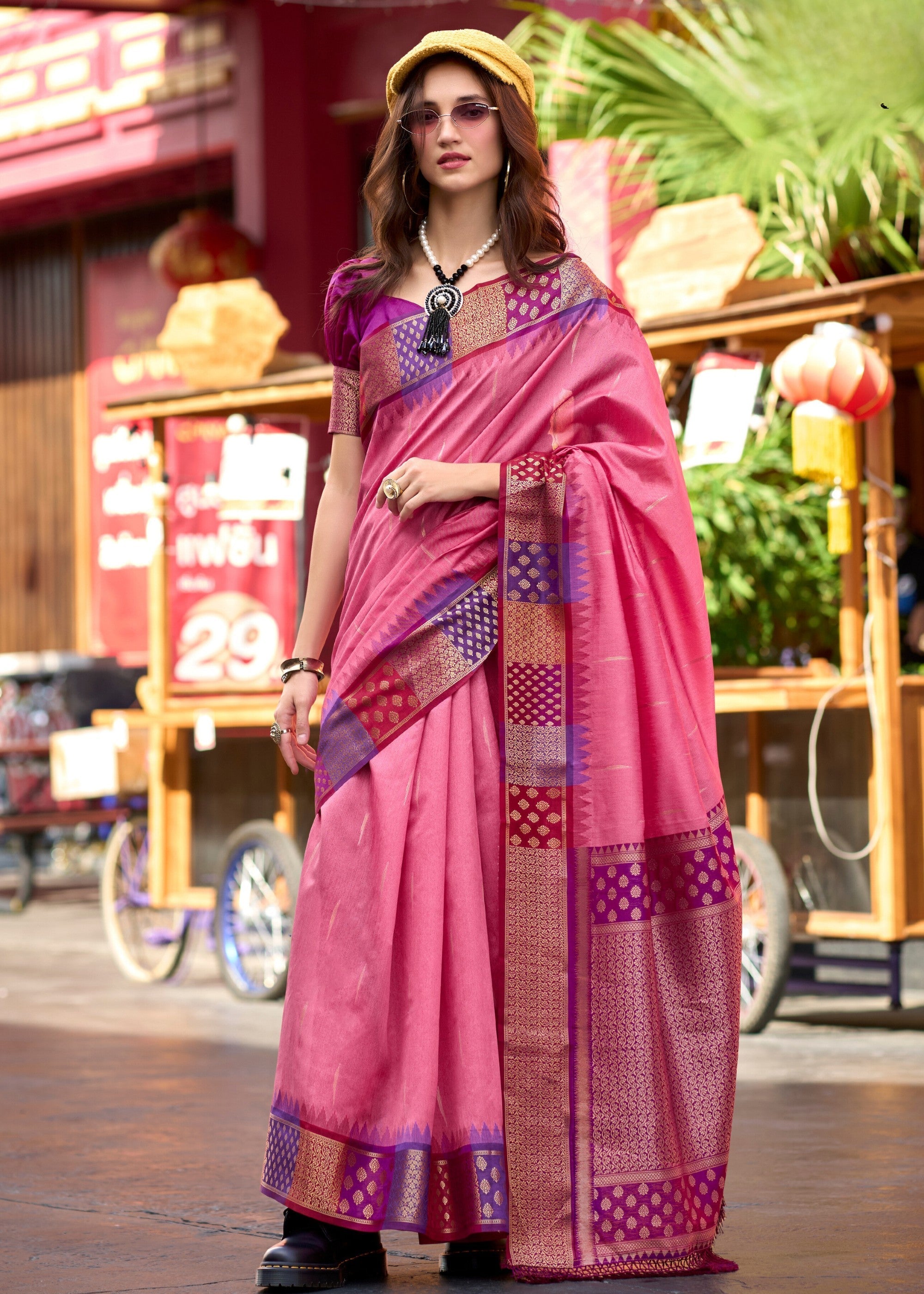 Fiery Pink Banarasi Silk Saree With Beautiful Contrast Border - qivii