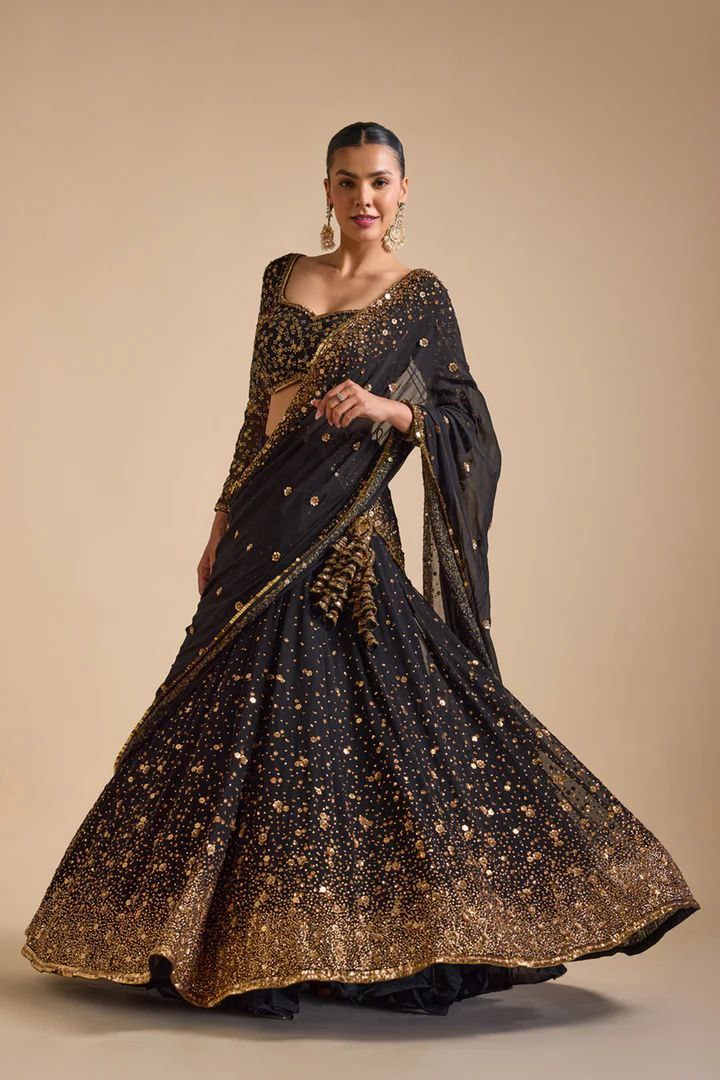 Black Premium Georgette Embellished With Beautiful Embroidery Work , Heavy Sequins Work Lehenga - INSPIRED | Ready To Wear - qivii