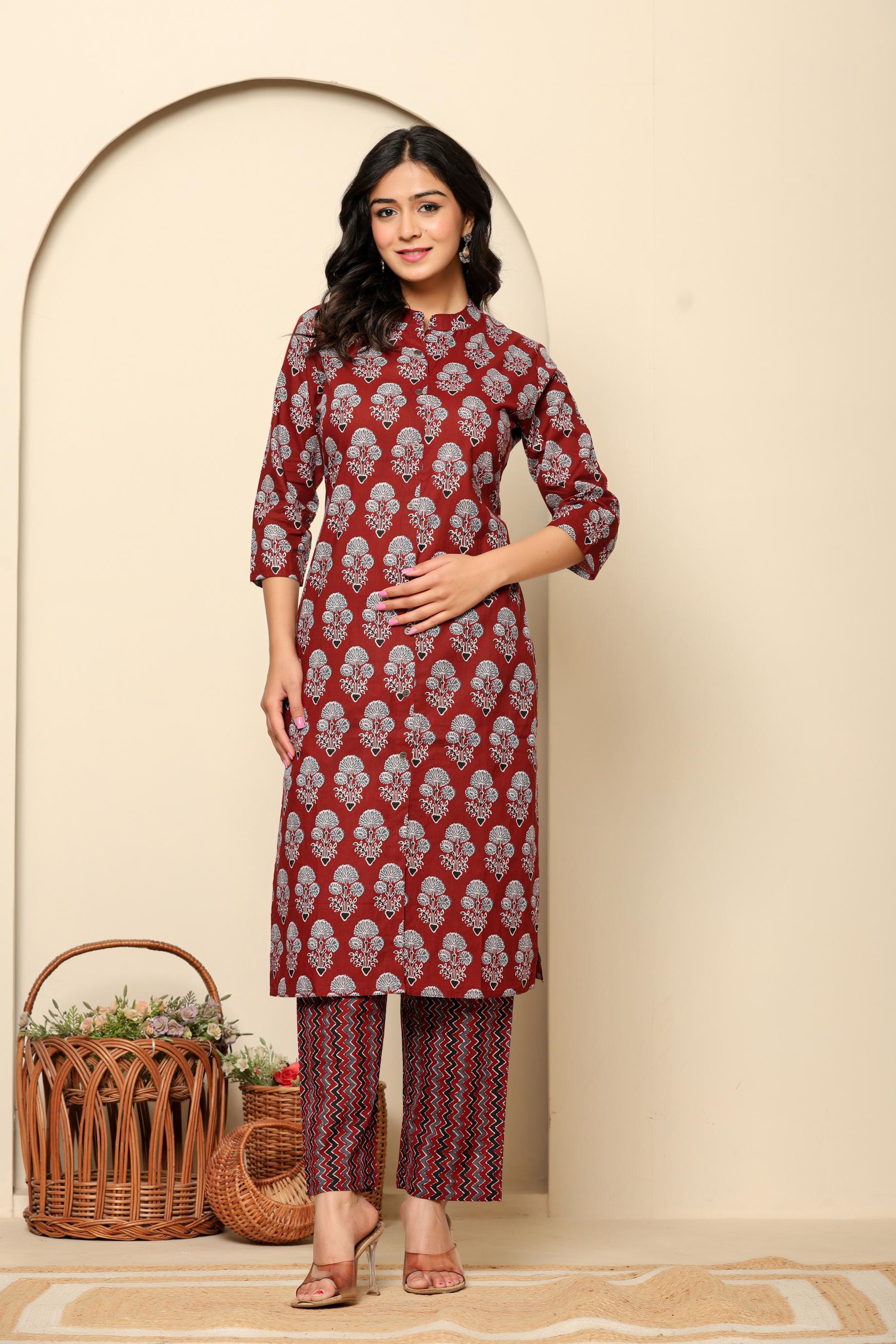 Maroon Printed Cotton Kurta Set - qivii