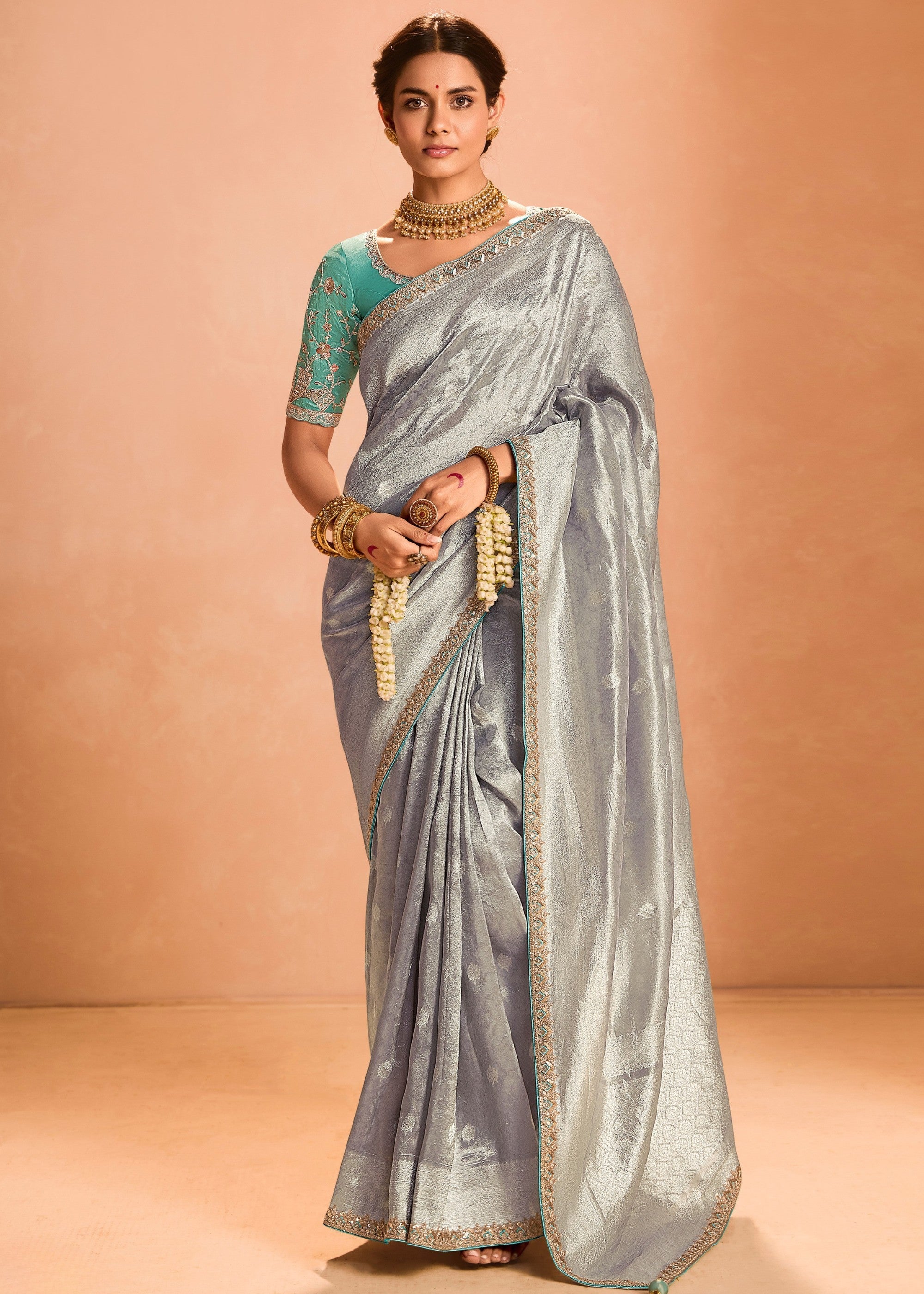 Silver Zari Tissue Silk Saree With Weaving Work And Heavy Embroidery Lace - qivii