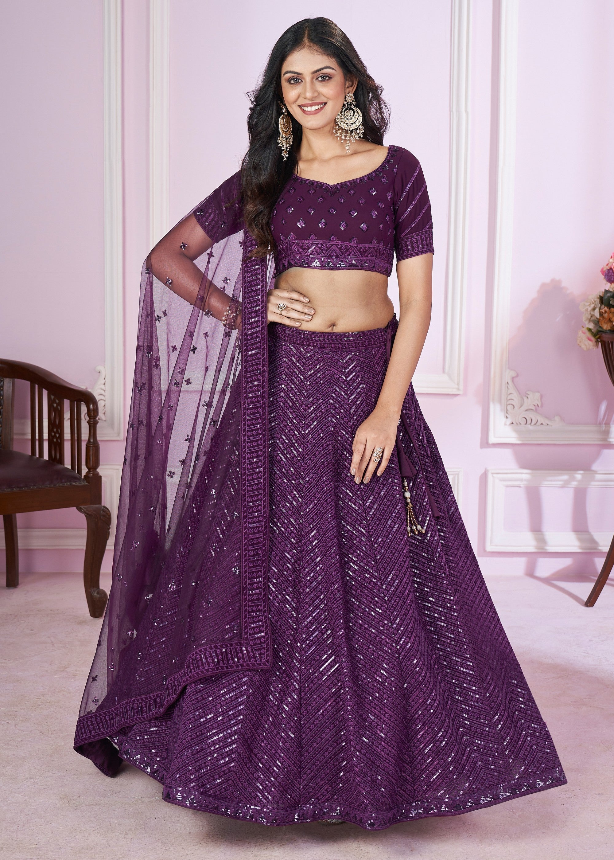 Dark Purple Georgette Lehenga Choli With Sequins And Thread Embroidery Work | Ready To Wear - qivii