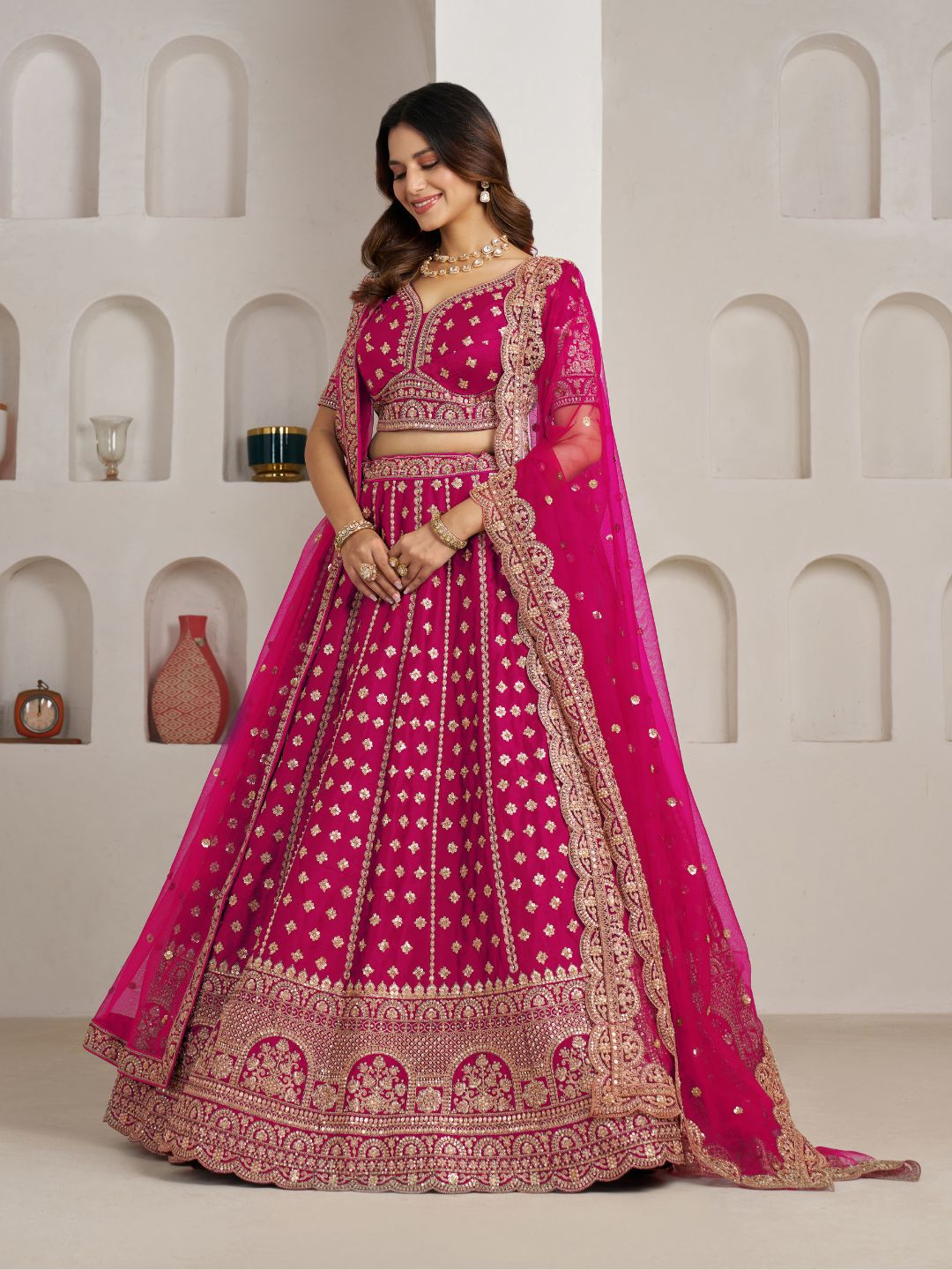 Elegant Rani Bridal Lehenga with Double Dupatta Styling