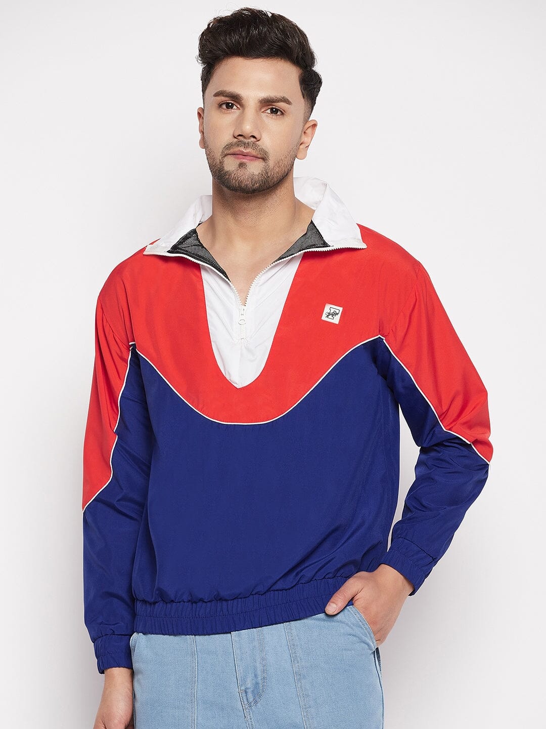 Blue Colour Blocked Windbreaker Jacket