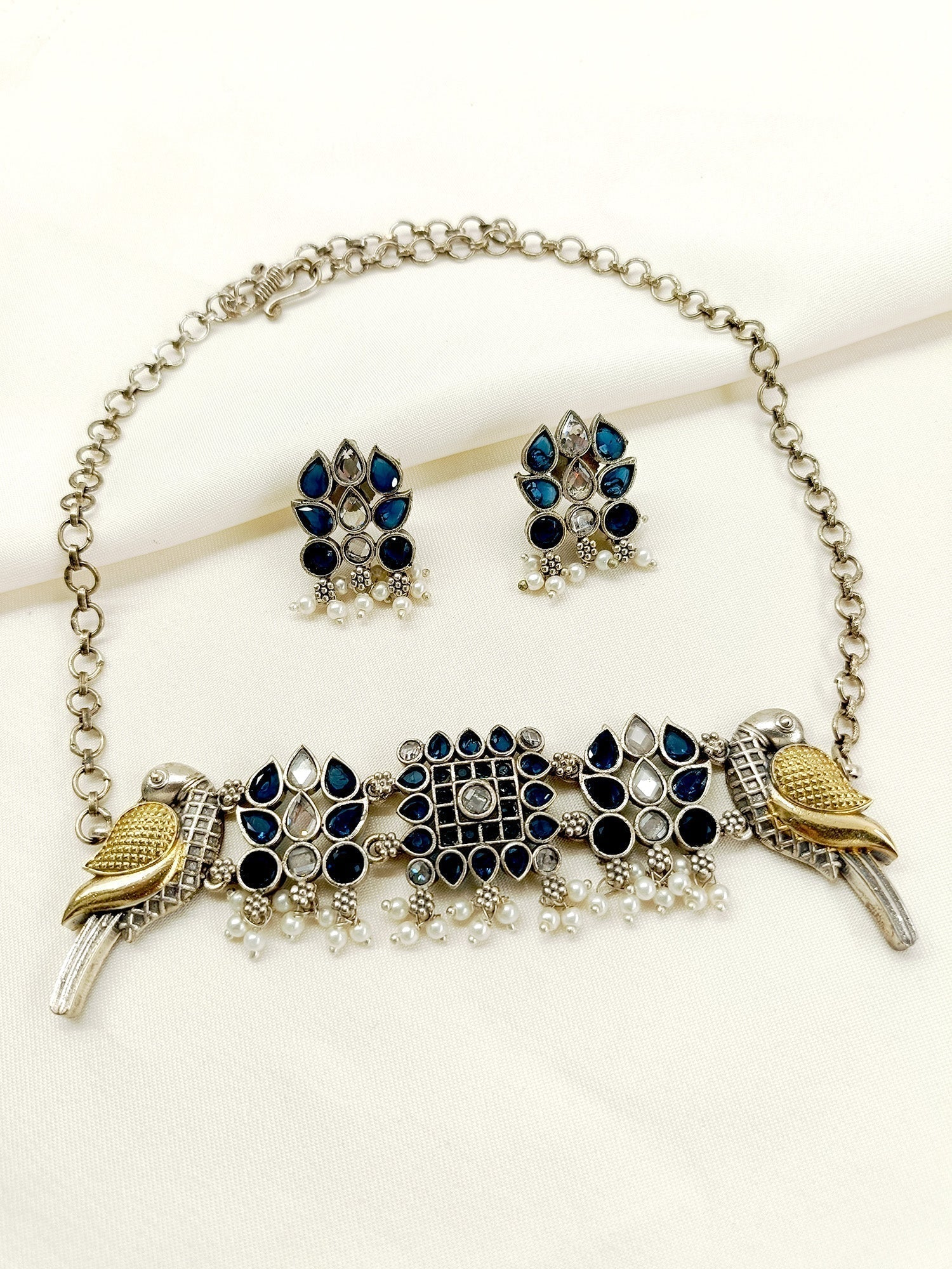 Graciya Navy Blue Peacock Oxidized Choker Set - qivii