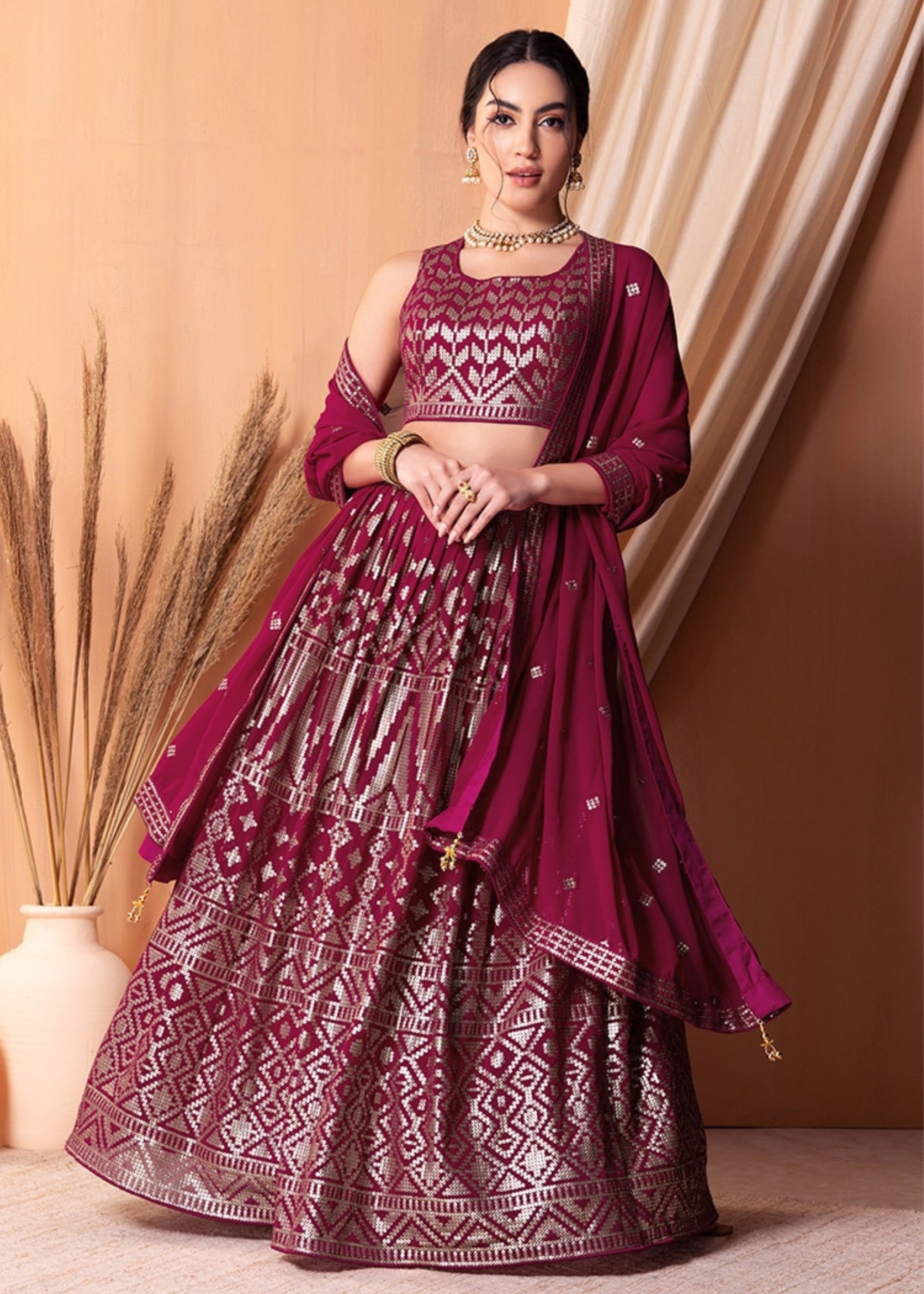Ruby Pink Georgette Lehenga Choli With Sequins And Thread Embroidery Work | Ready To Wear - qivii