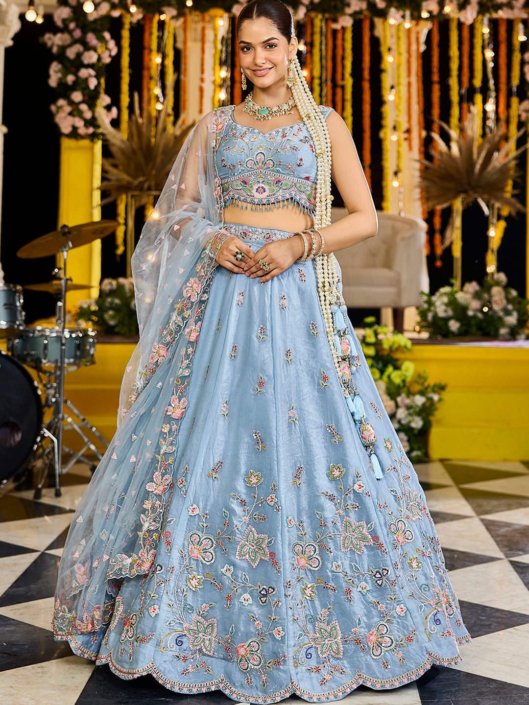 Sky Blue - Satin Silk Fabric Sequinned Embroidered Ready to Wear Lehenga Choli & Dupatta