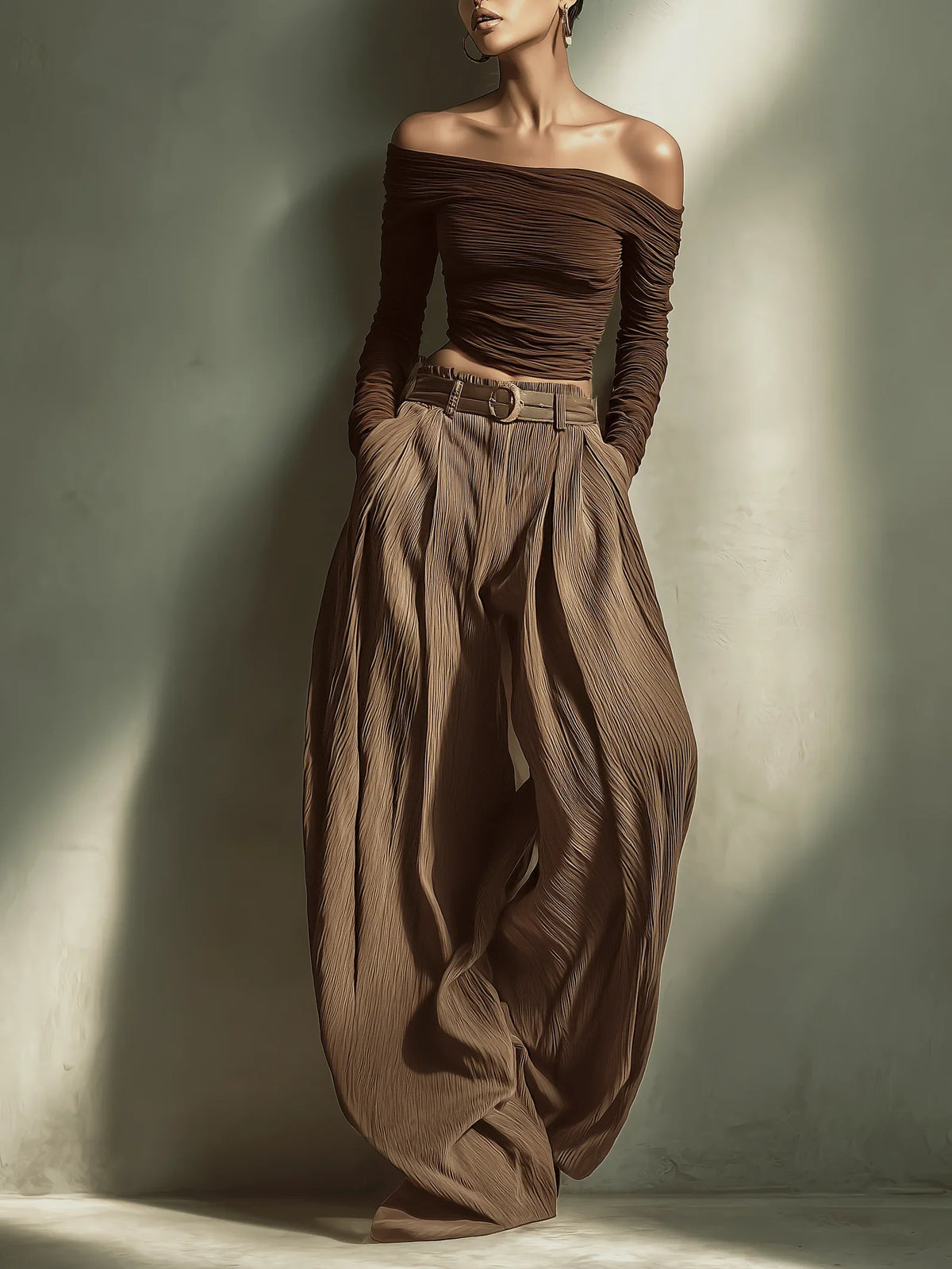 Women's Fashionable And Sexy Dark Brown Wide-leg Trousers (belt Not Included) MDA2974K4AN