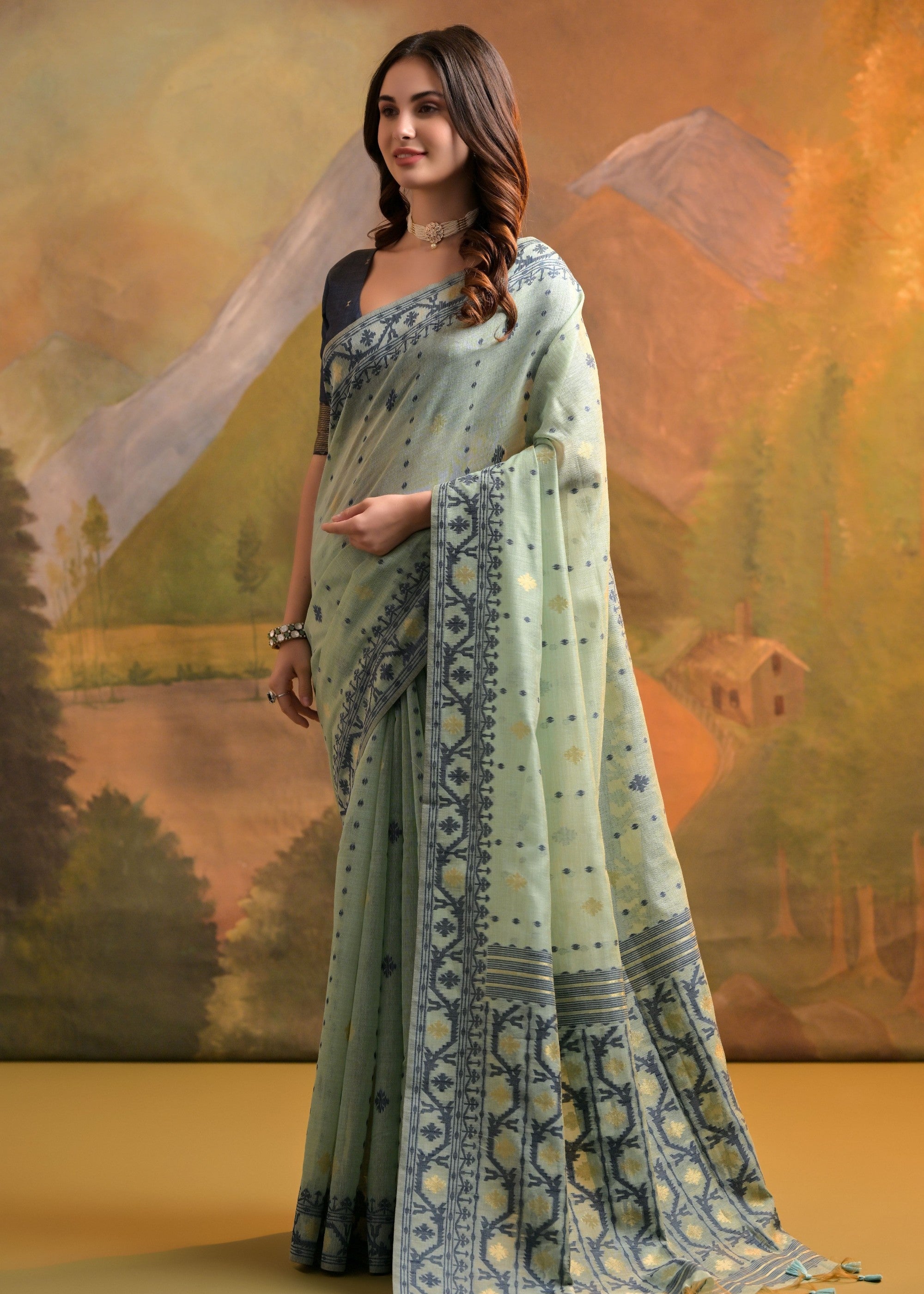 Ocean Green Thread Woven Cotton Saree With All Over Butti - qivii