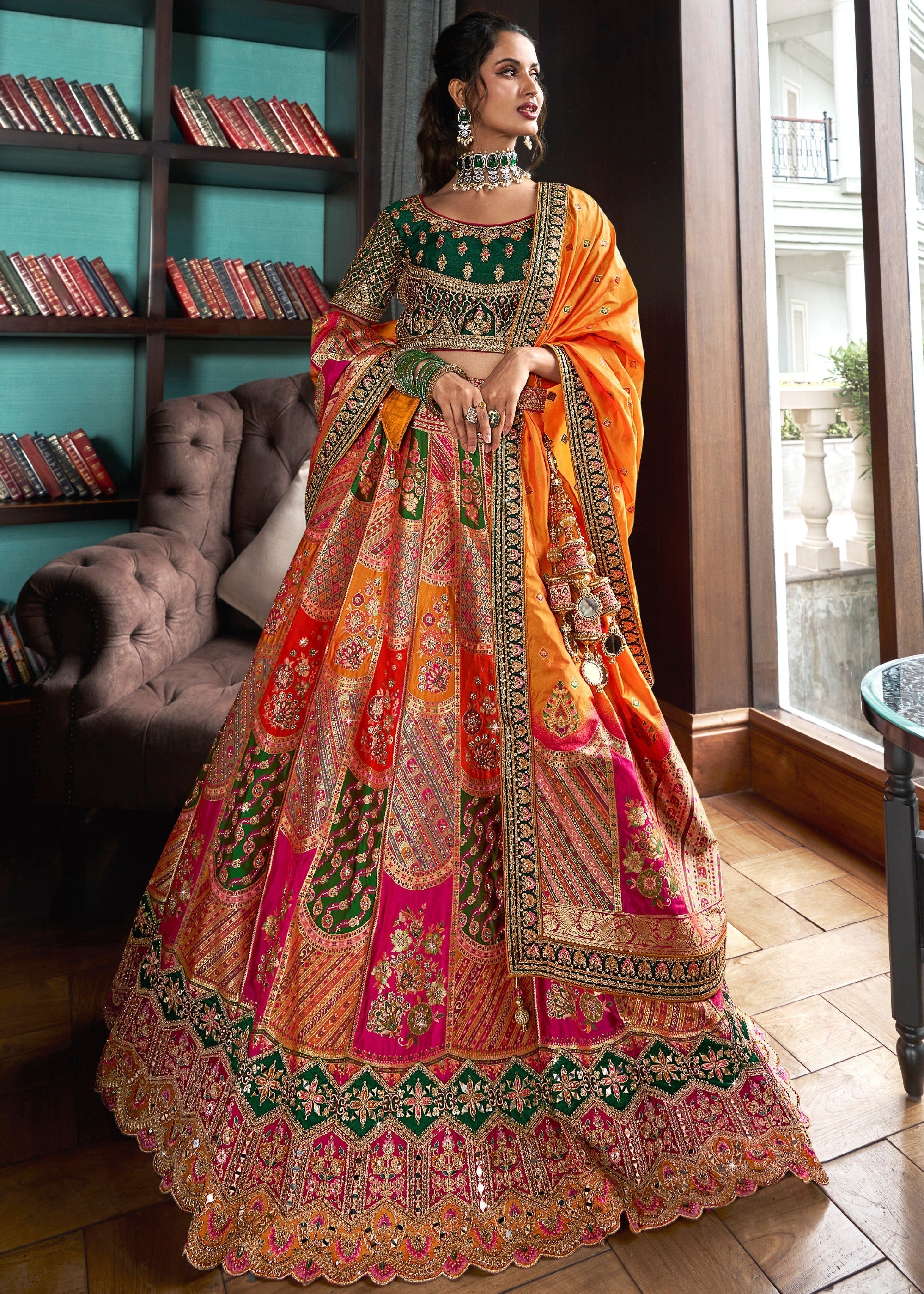 Green & Yellow Banarasi Silk Lehenga with Zarkan Codding work | Ready To Wear - qivii