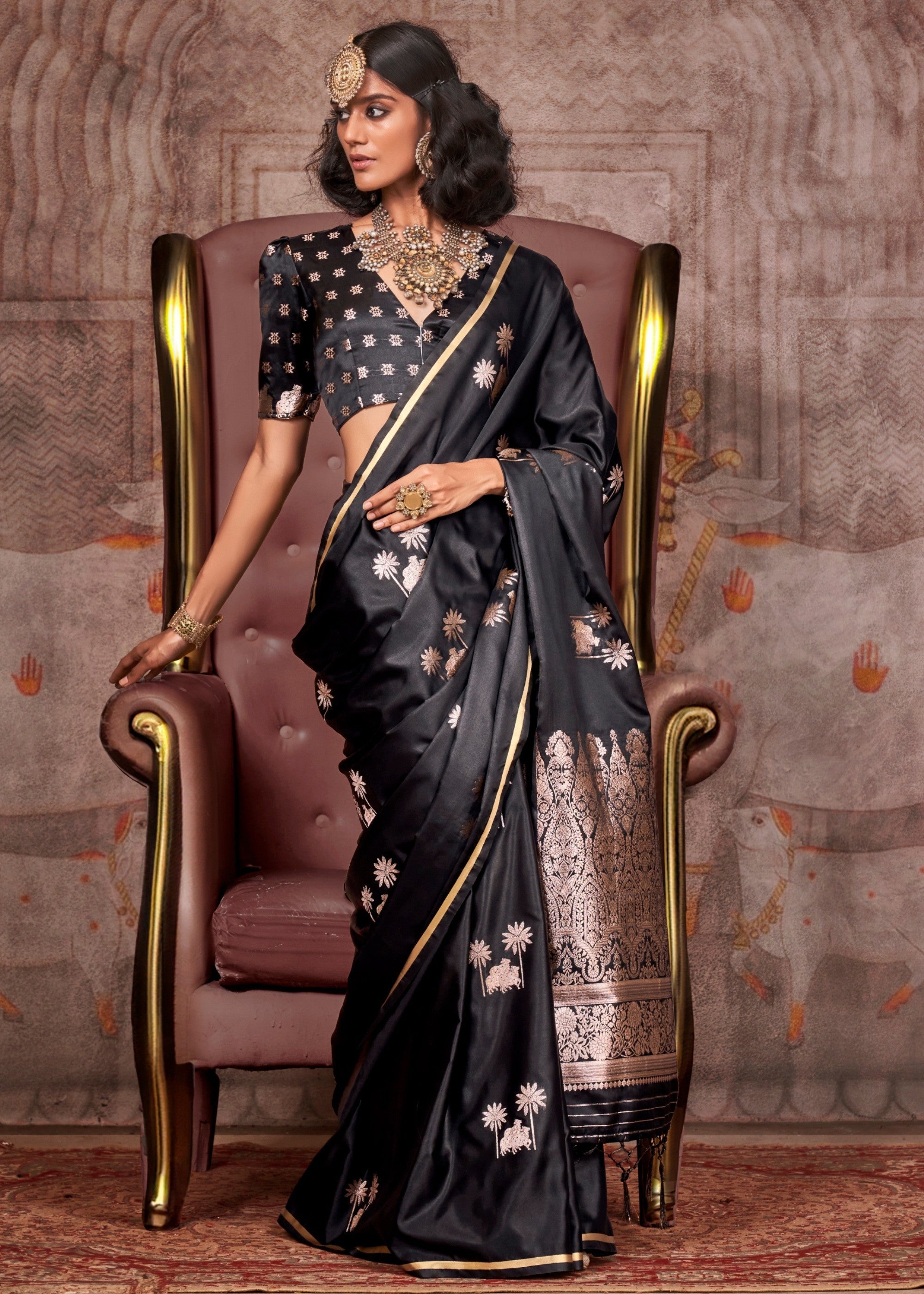 Black Pure Satin Handloom Weaving Silk Saree - qivii