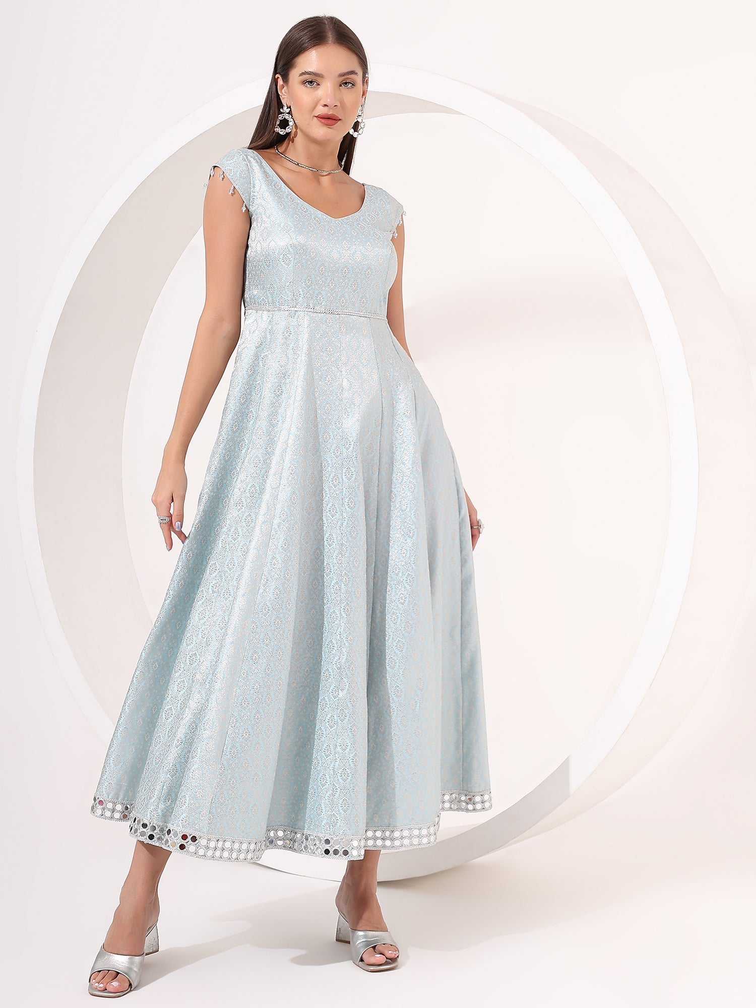 Ice-Blue Silver Brocade Anarkali Gown - qivii