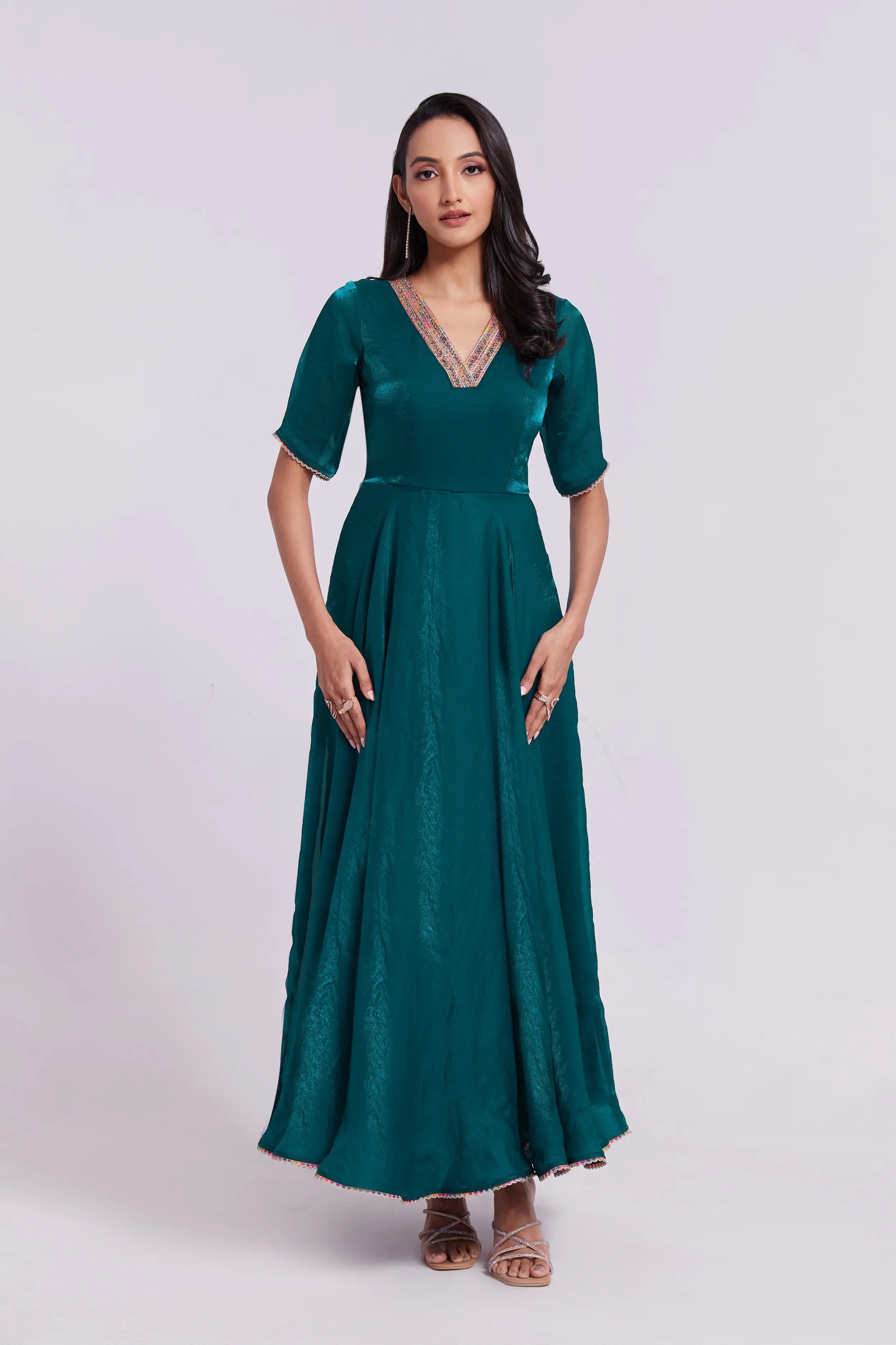 Peacock Blue Pure Organza Gown - qivii