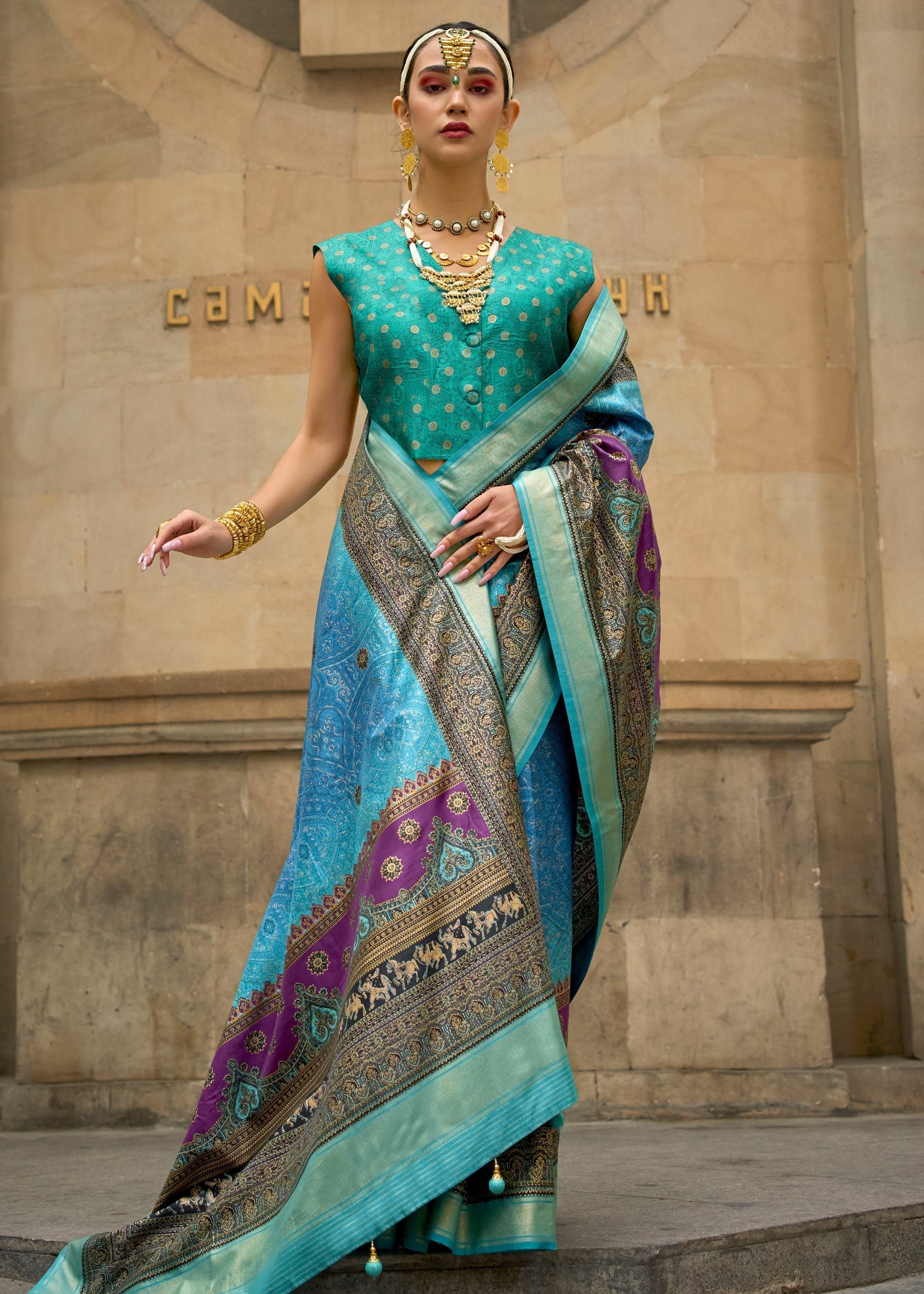 Light Blue Poly Viscose Silk Saree With Foil Print - qivii
