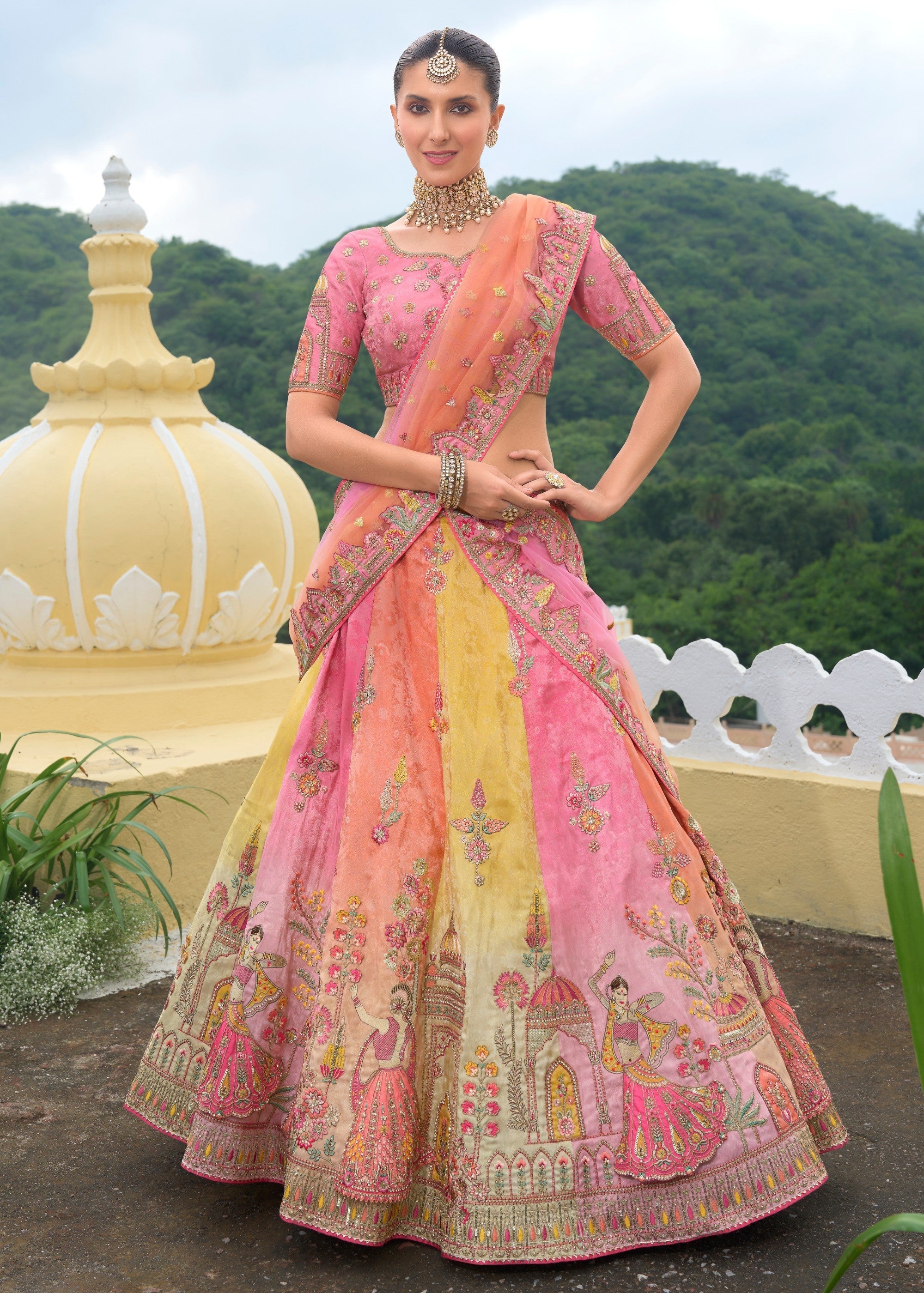Multicolored Banarasi Silk Lehenga With Heavy Embroidery Work | Ready To Wear - qivii