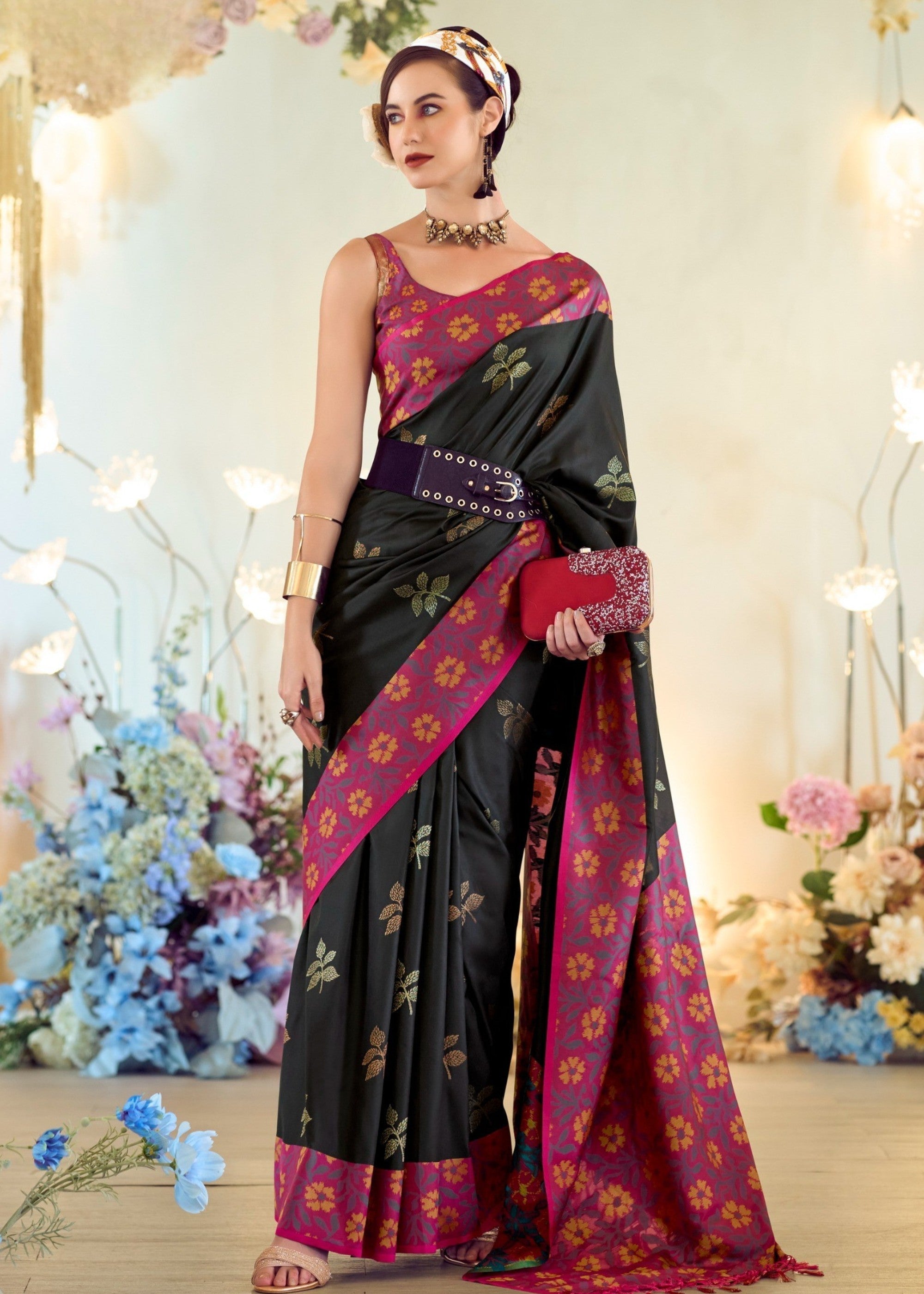 Sable Black Soft Silk Saree With Ikkat Border - qivii