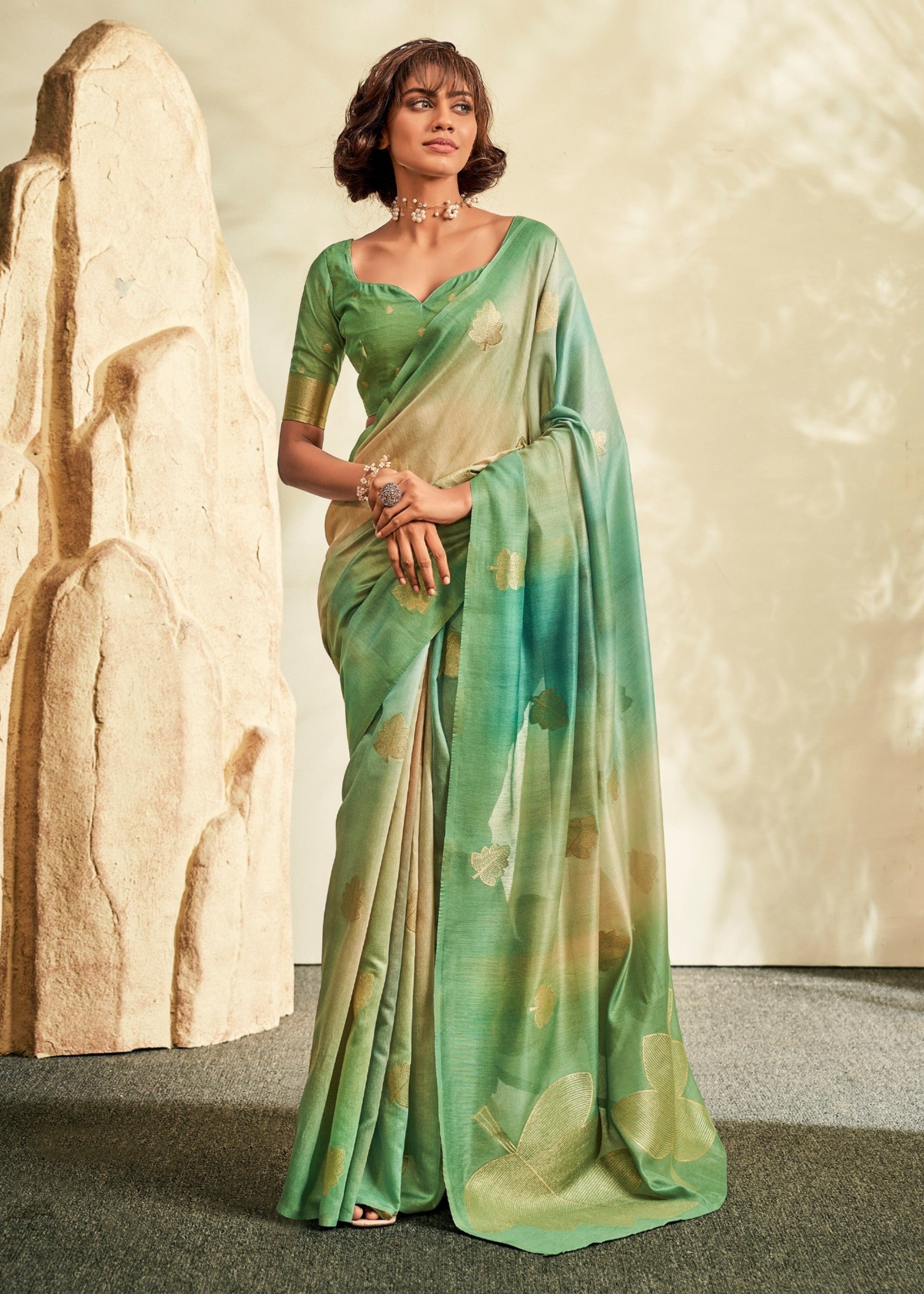 Emerald Green Handloom Khadi Silk with Digital Print - qivii