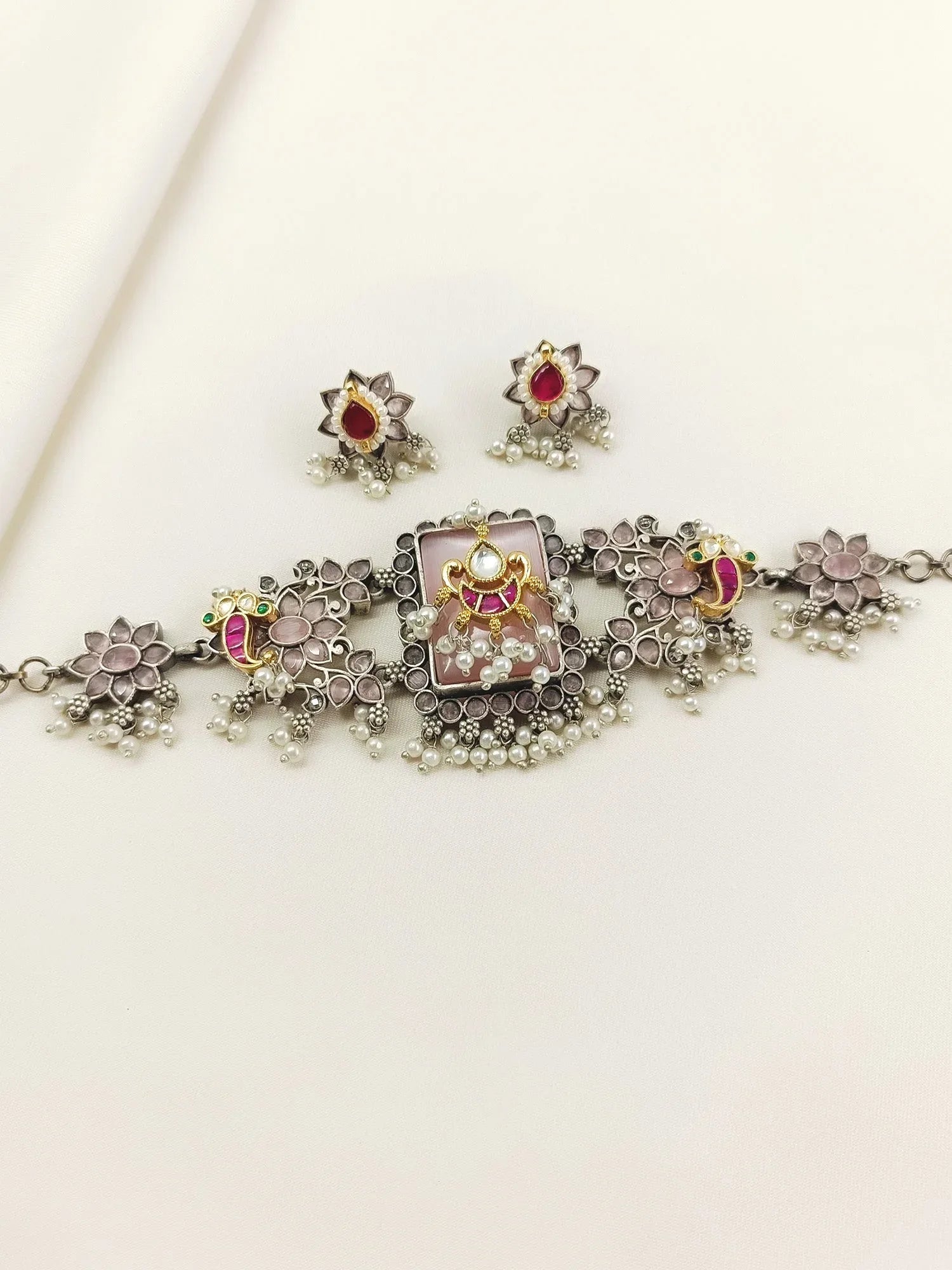 Avayah Baby Pink Oxidized Choker Set