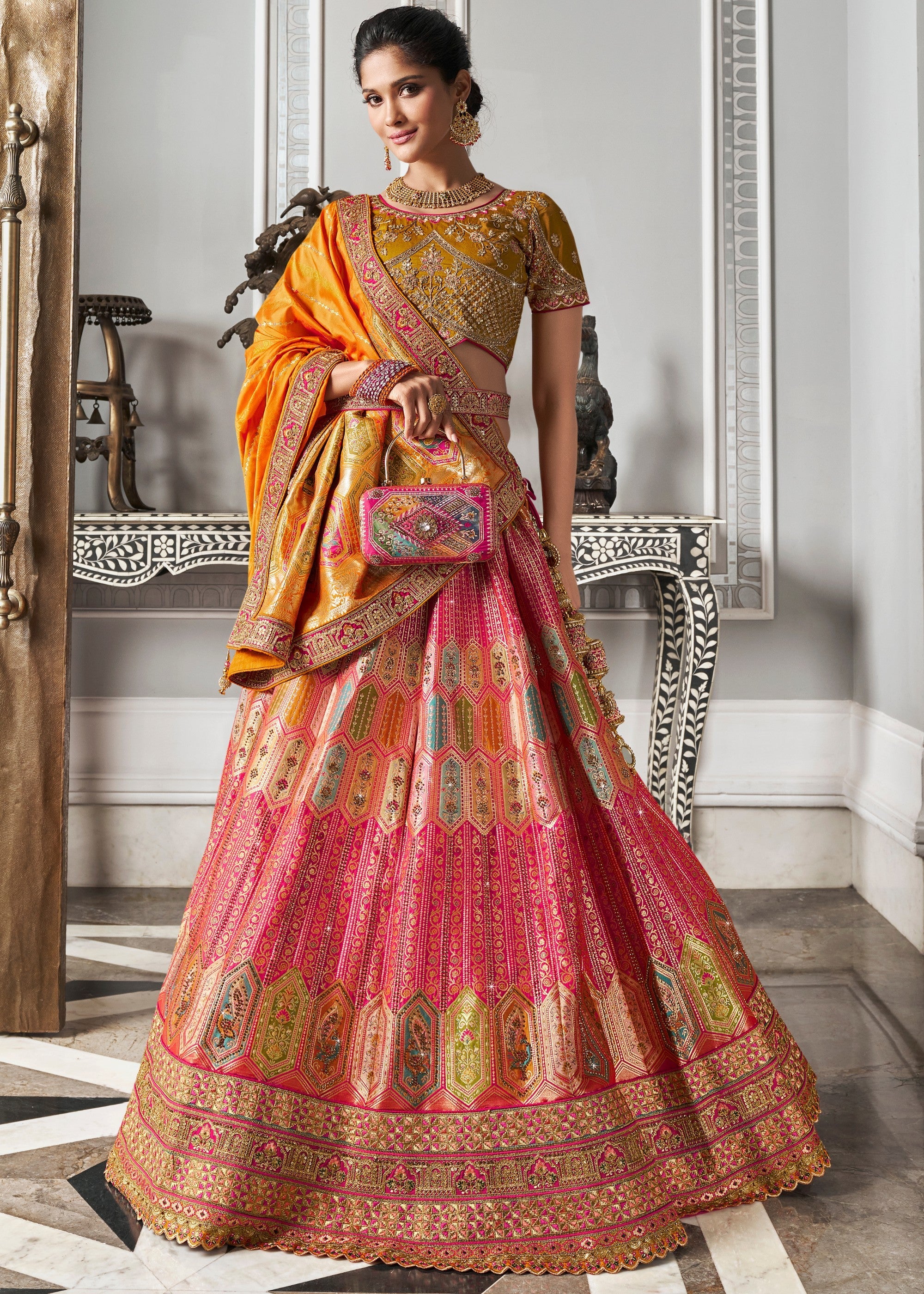 Mustard Yellow & Orange Banarasi Silk Lehenga with Zarkan Codding work | Ready To Wear - qivii