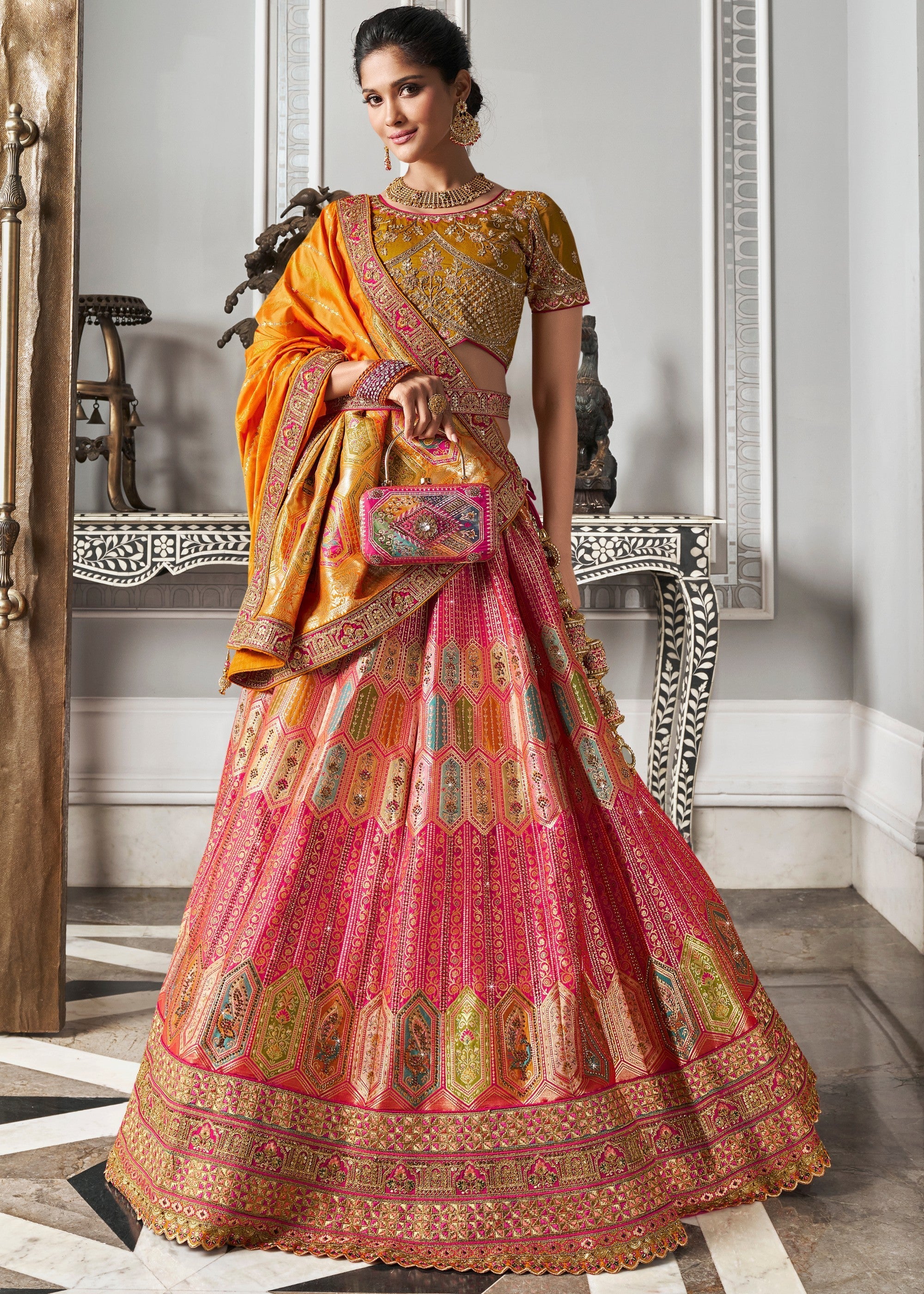 Mustard Yellow & Orange Banarasi Silk Lehenga with Zarkan Codding work | Ready To Wear - qivii